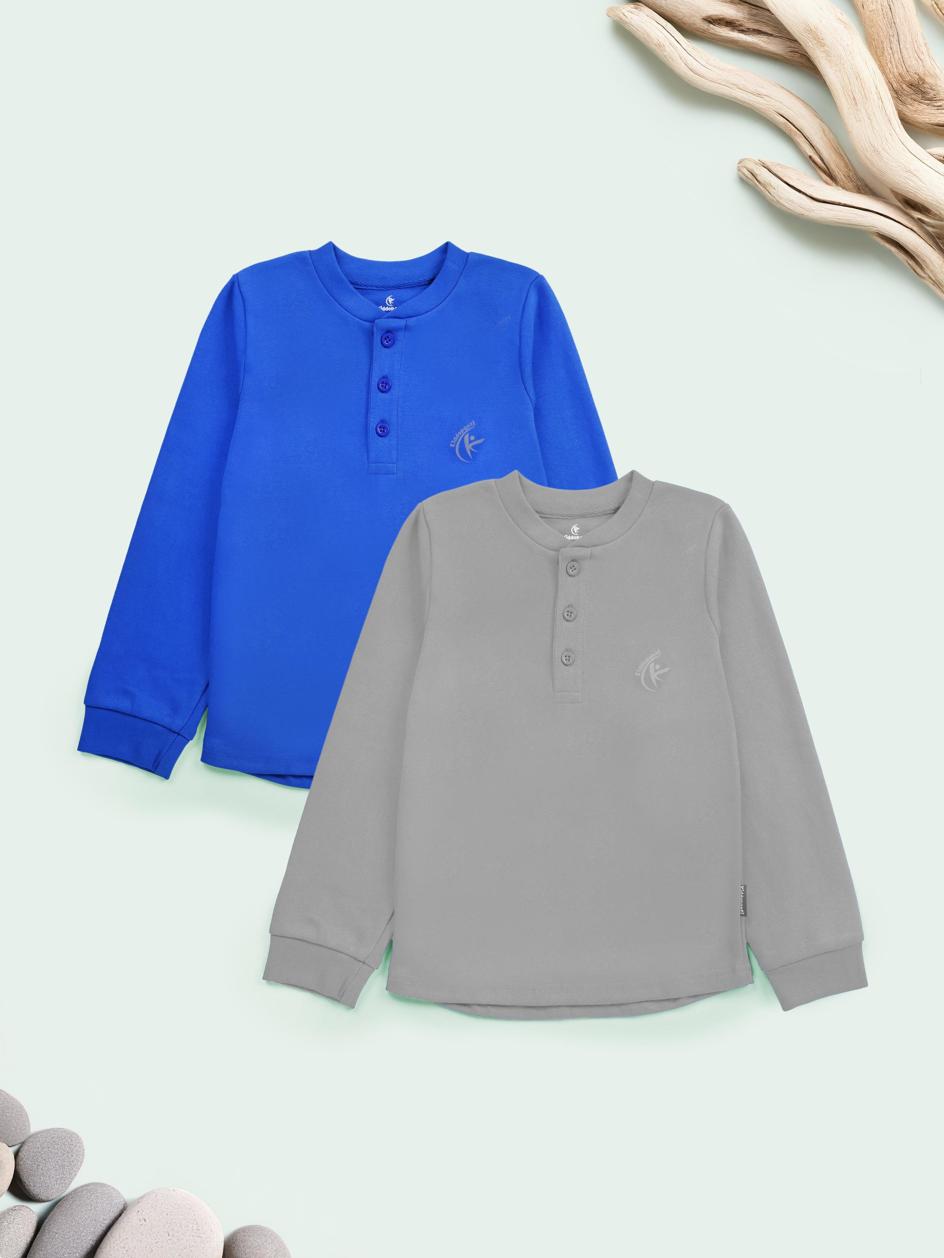 KiddoPanti Solid Full Sleeve Henley Neck Rib Tee Pack of 2