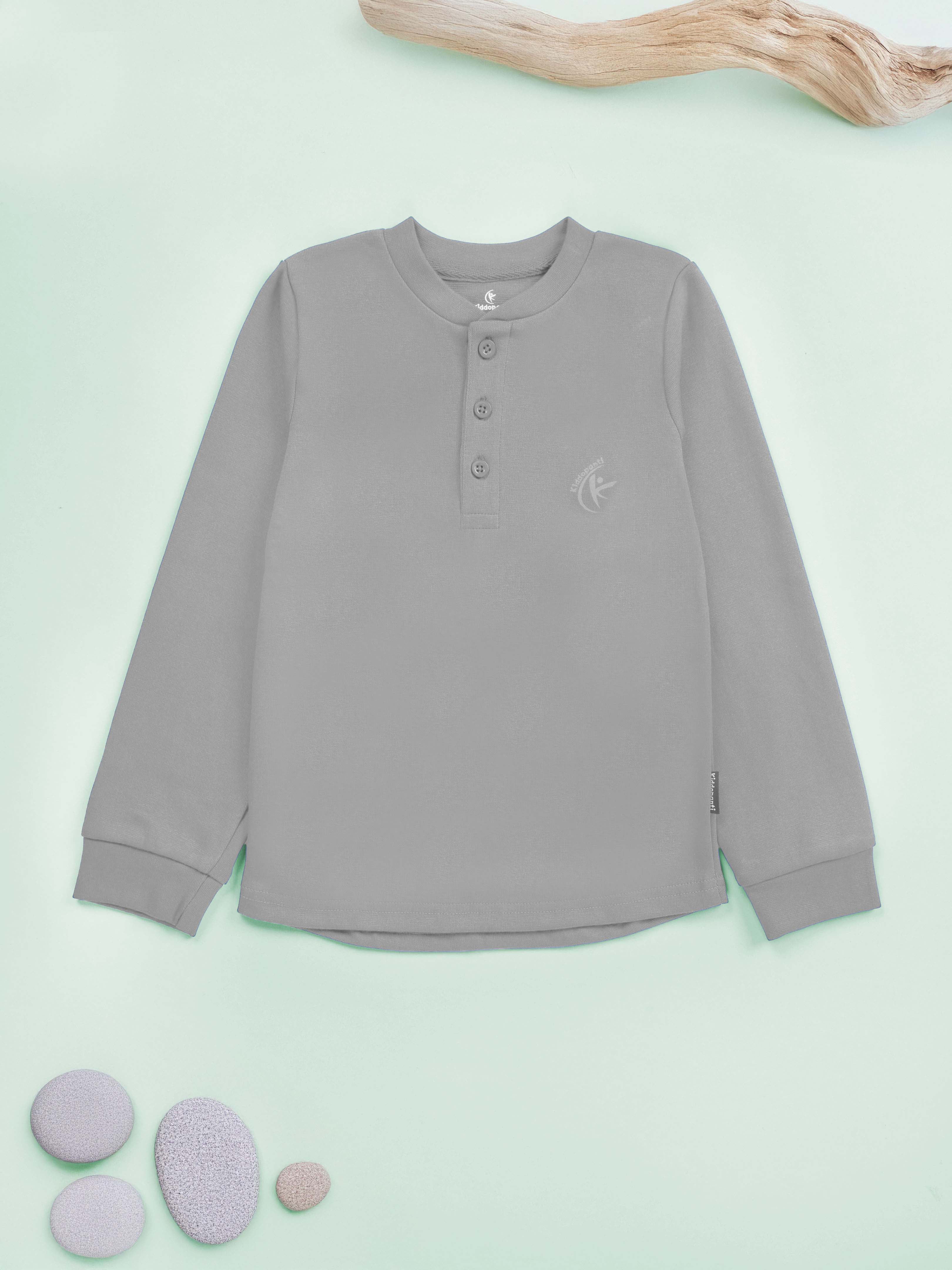 KiddoPanti Solid Full Sleeve Henley Neck Rib Tee Pack of 2