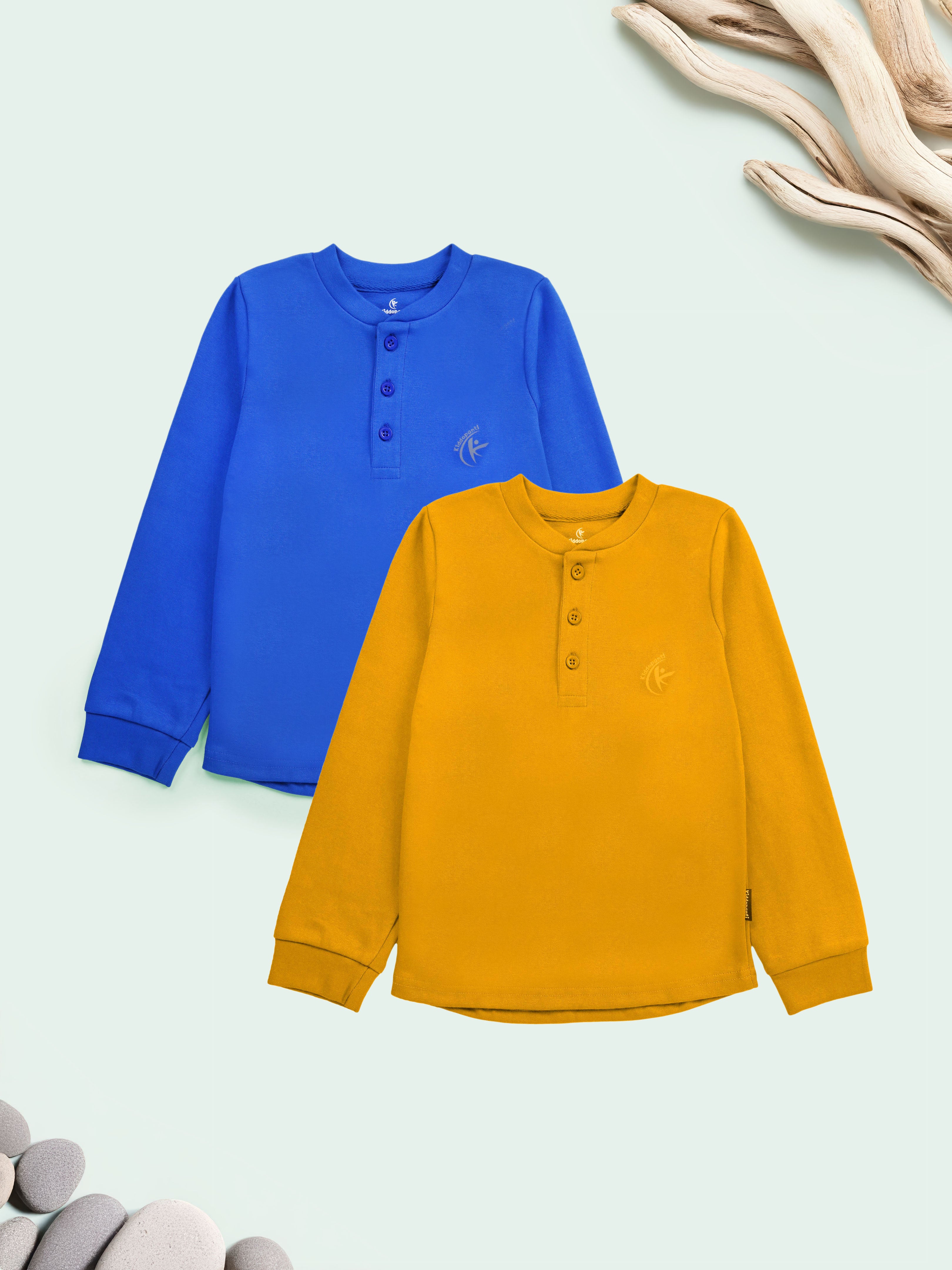 KiddoPanti Solid Full Sleeve Henley Neck Rib Tee Pack of 2