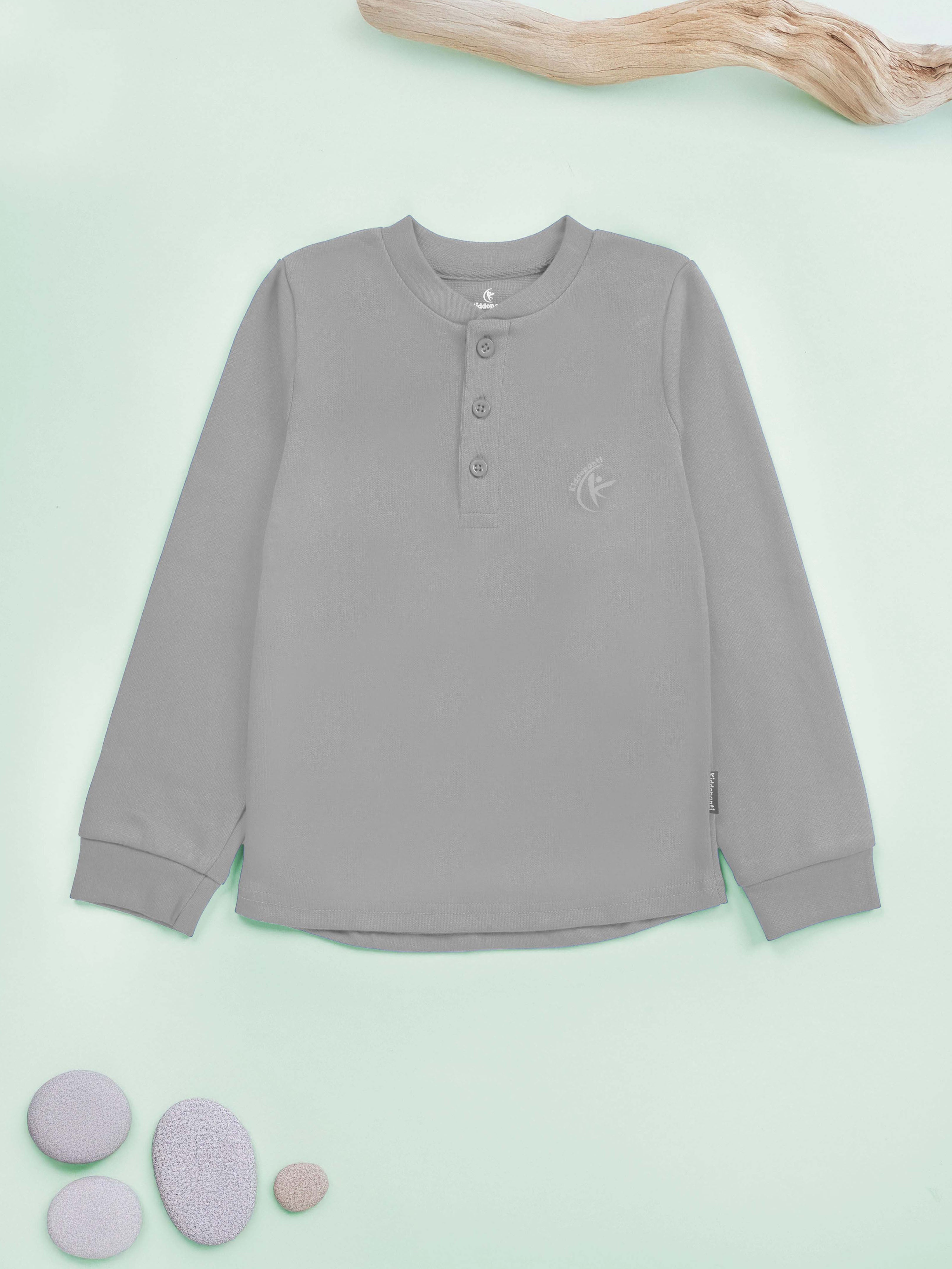 KiddoPanti Solid Full Sleeve Henley Neck Rib Tee Pack of 2