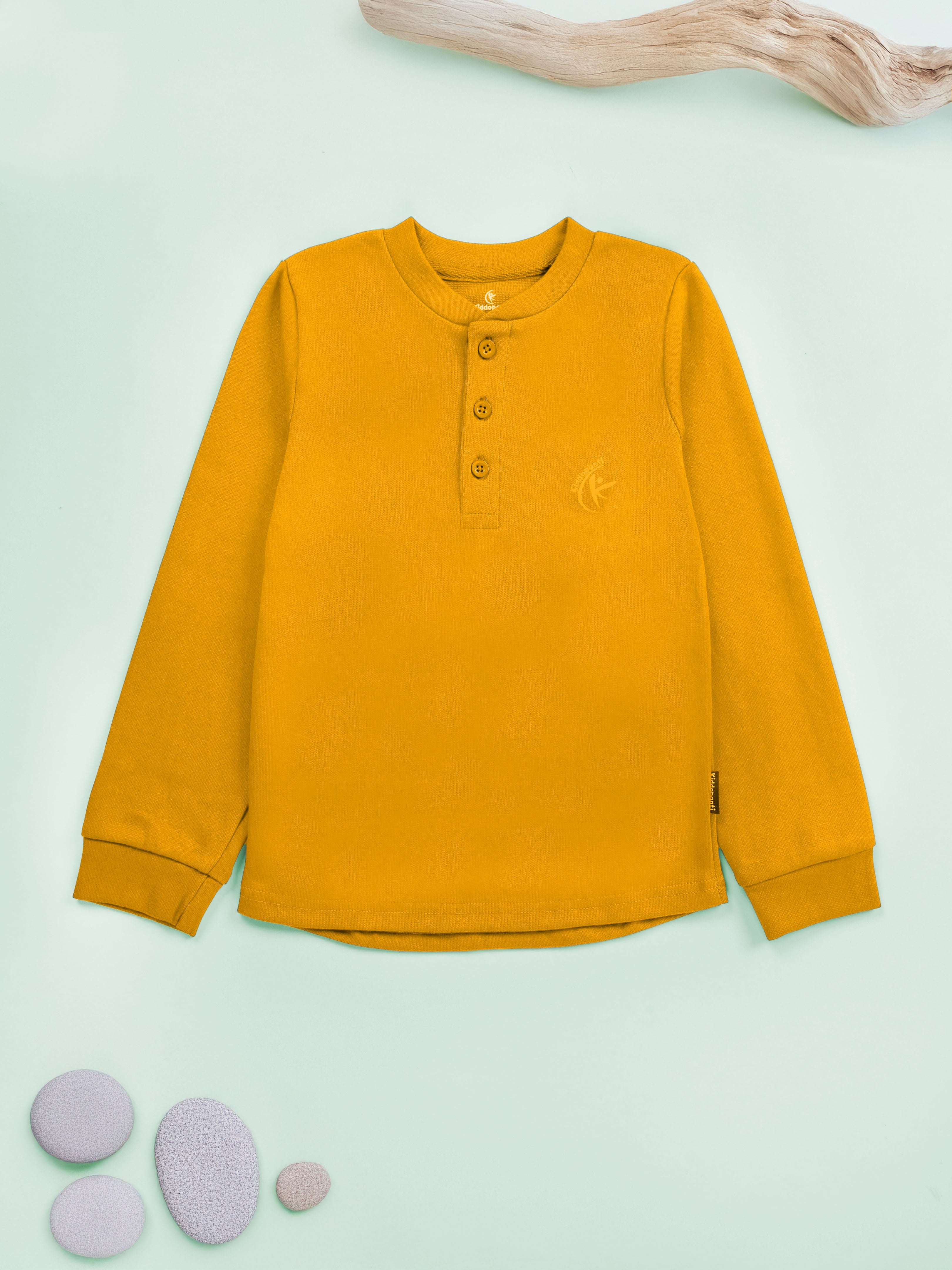 KiddoPanti Solid Full Sleeve Henley Neck Rib Tee Pack of 2