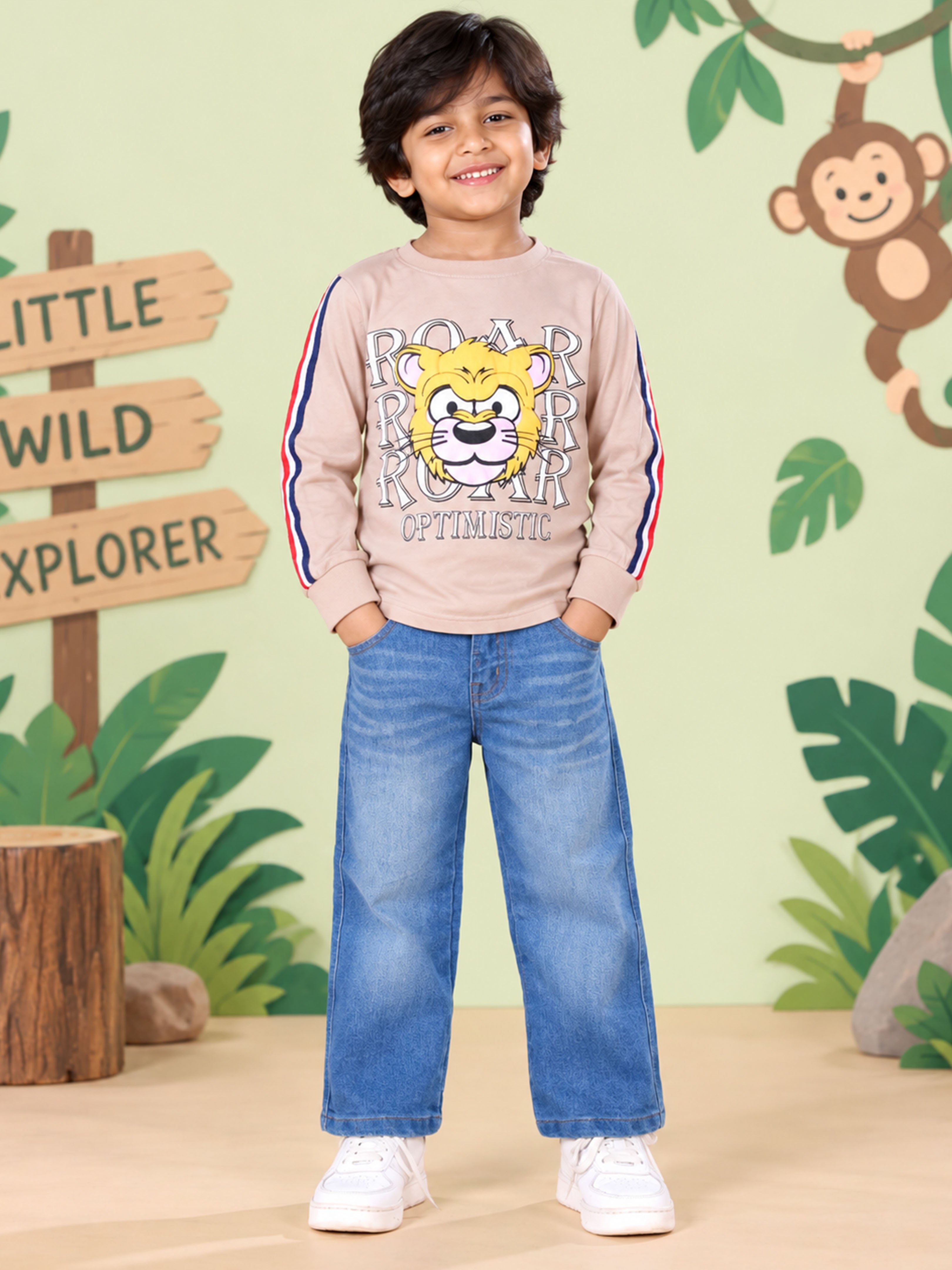 Boys Cotton Knit Full Sleeves Tiger Roar Printed Tee With Denim Woven Straight Fit Jeans Set