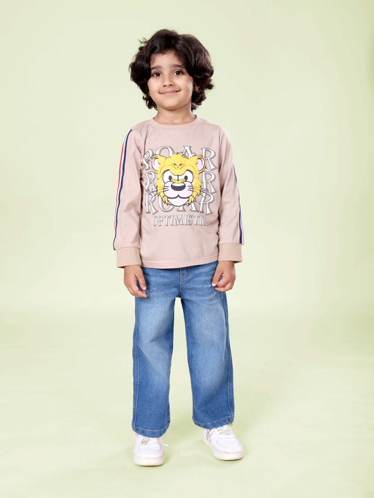 Boys Cotton Knit Full Sleeves Tiger Roar Printed Tee With Denim Woven Straight Fit Jeans Set