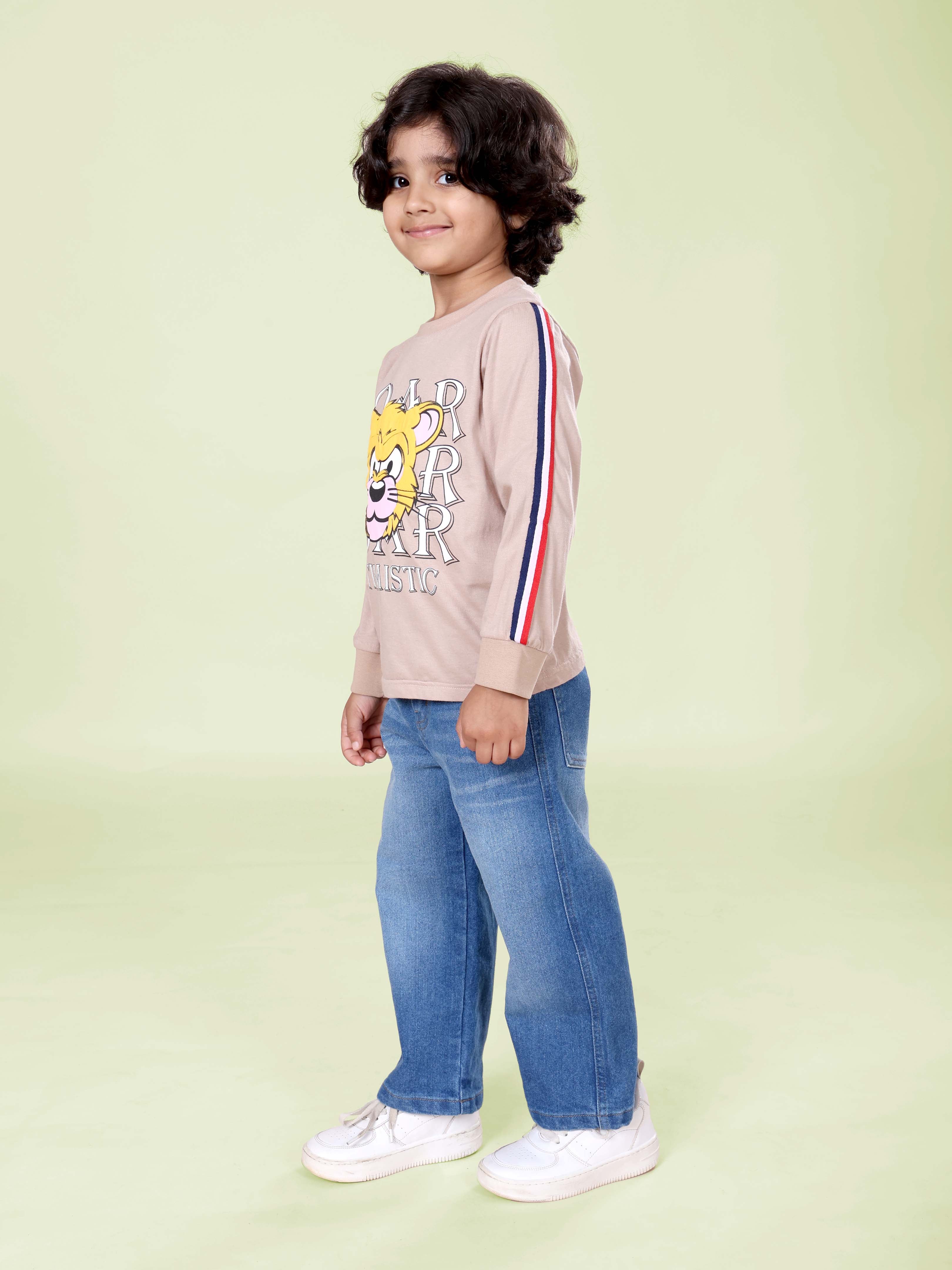 Boys Cotton Knit Full Sleeves Tiger Roar Printed Tee With Denim Woven Straight Fit Jeans Set