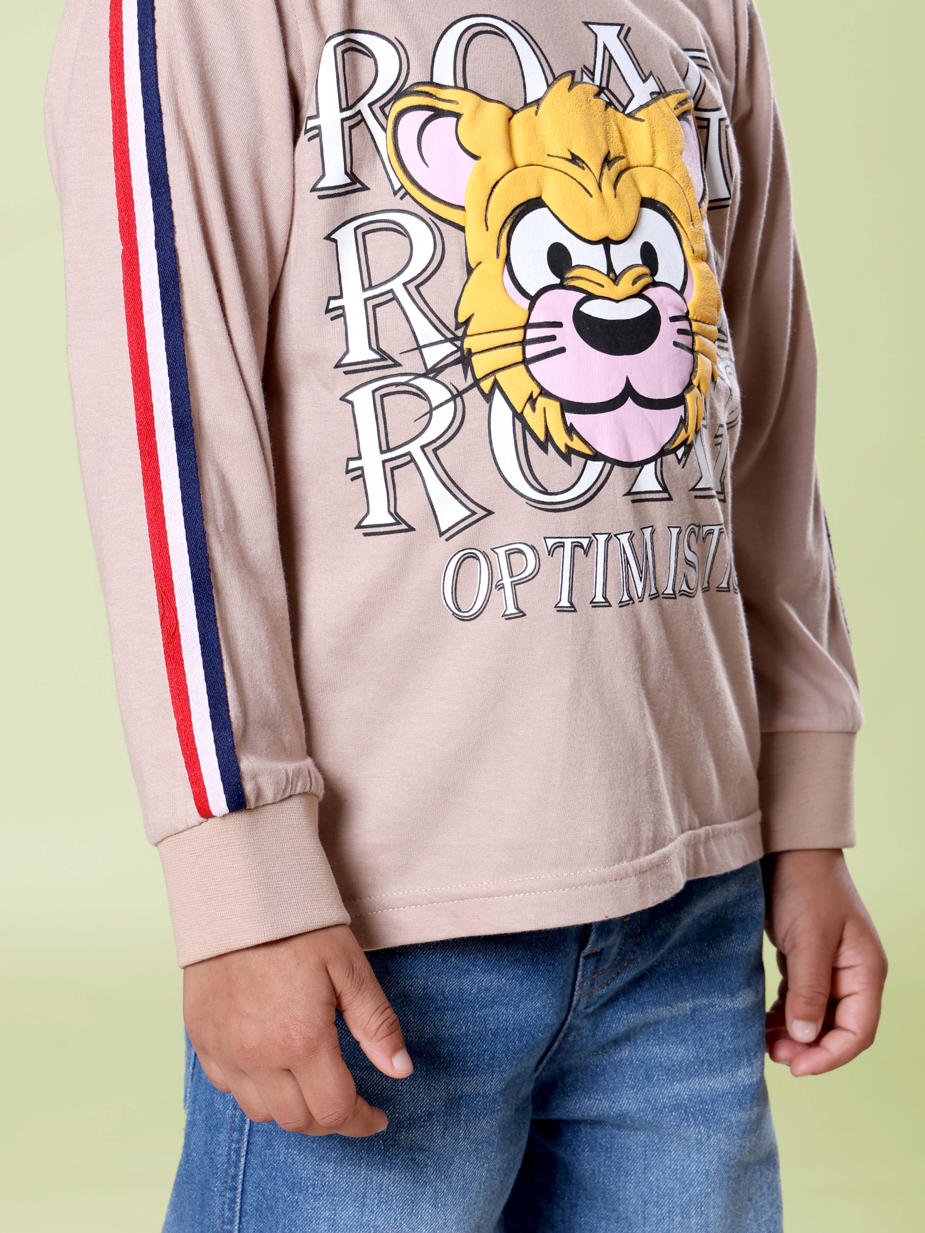 Boys Cotton Knit Full Sleeves Tiger Roar Printed Tee With Denim Woven Straight Fit Jeans Set