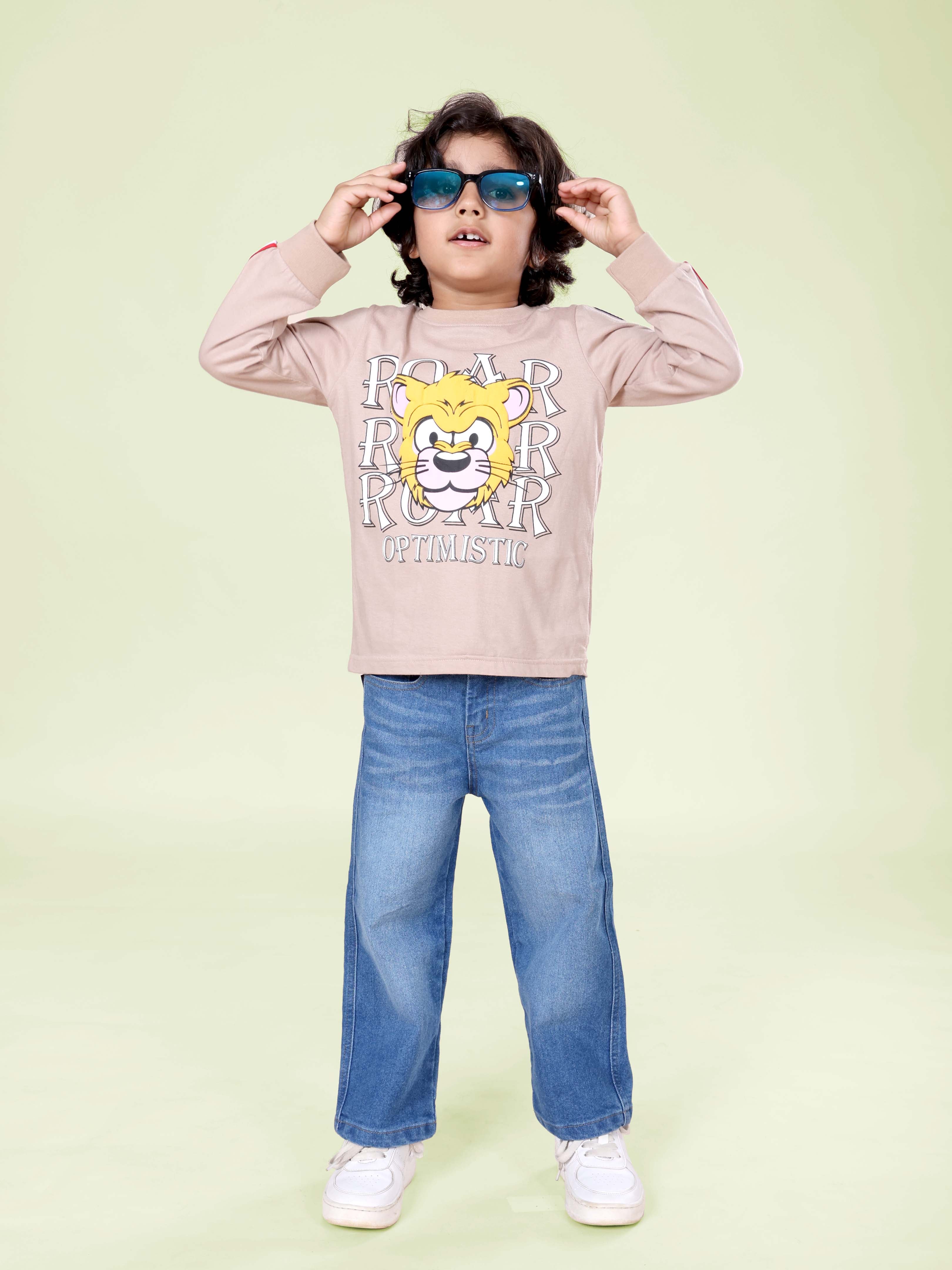 Boys Cotton Knit Full Sleeves Tiger Roar Printed Tee With Denim Woven Straight Fit Jeans Set