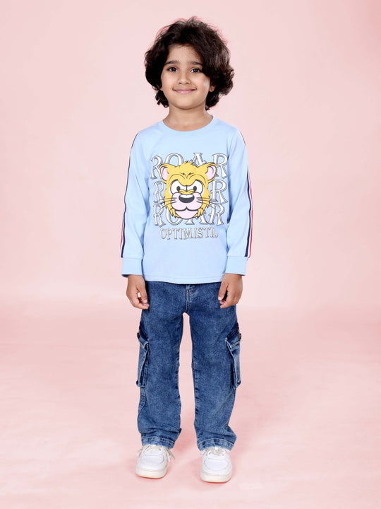 Boys Cotton Knit Full Sleeves Tiger Roar Printed Tee With Denim Woven Solid Cargo Pant Set