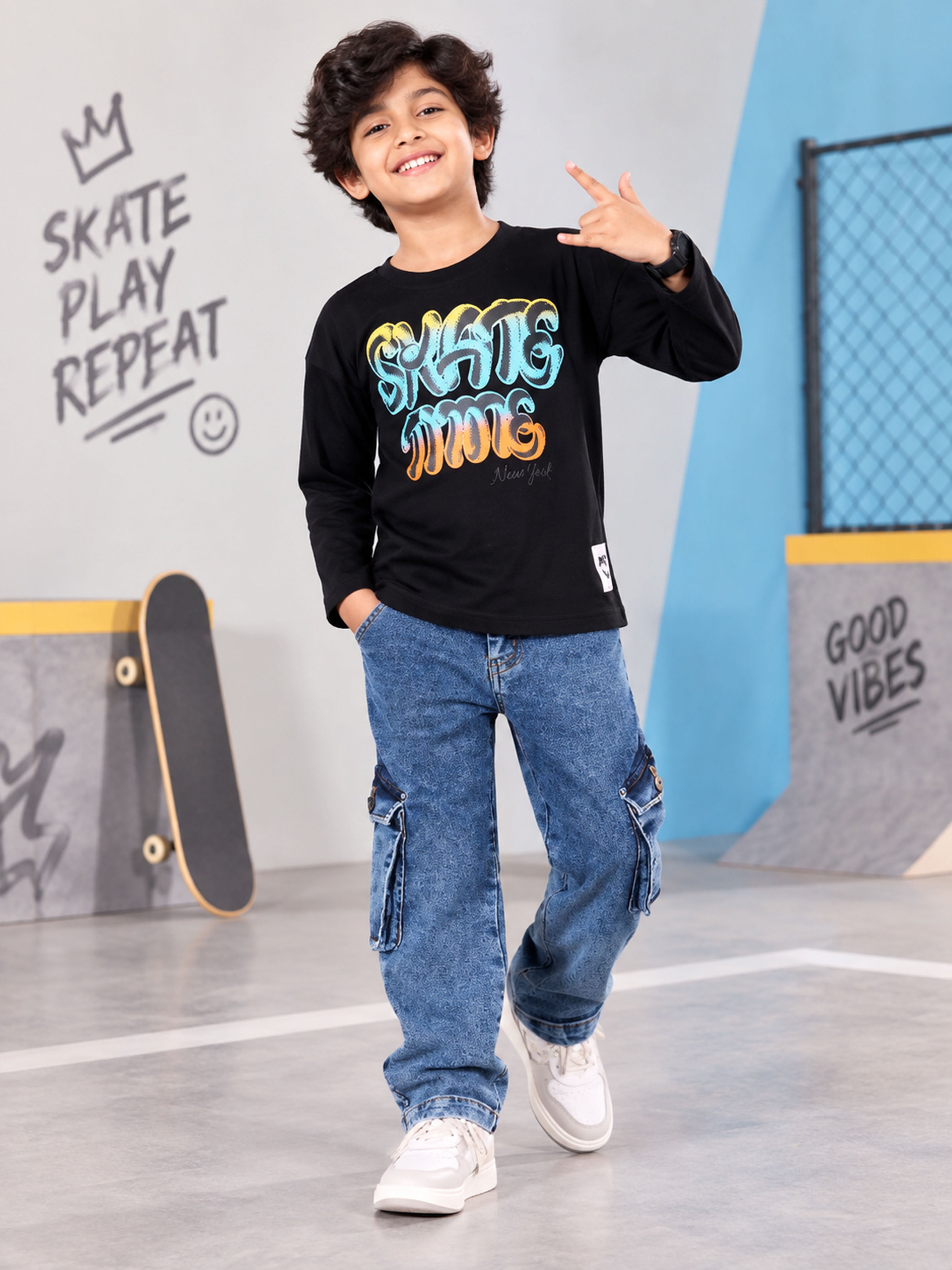 Boys Cotton Knit Full Sleeves Skate Time Printed Tee With Denim Woven Solid Cargo Pant Set