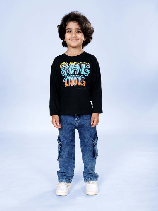 Boys Cotton Knit Full Sleeves Skate Time Printed Tee With Denim Woven Solid Cargo Pant Set