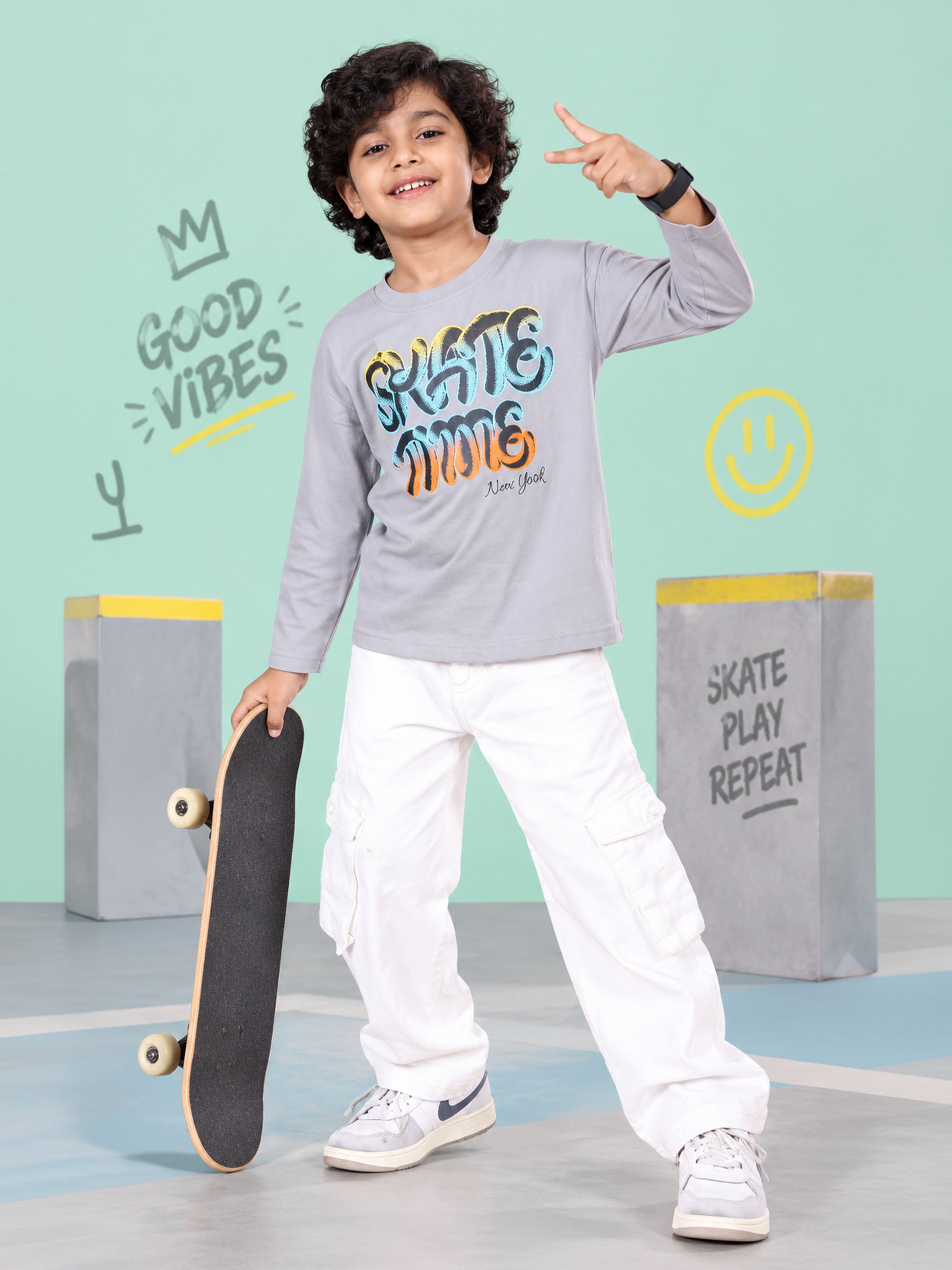 Boys Cotton Knit Full Sleeves Skate Time Printed Tee With Denim Woven Solid Cargo Pant Set
