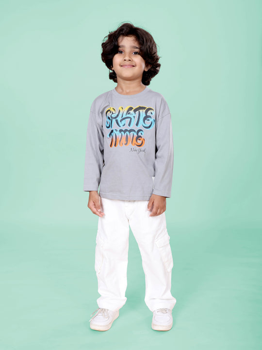 Boys Cotton Knit Full Sleeves Skate Time Printed Tee With Denim Woven Solid Cargo Pant Set