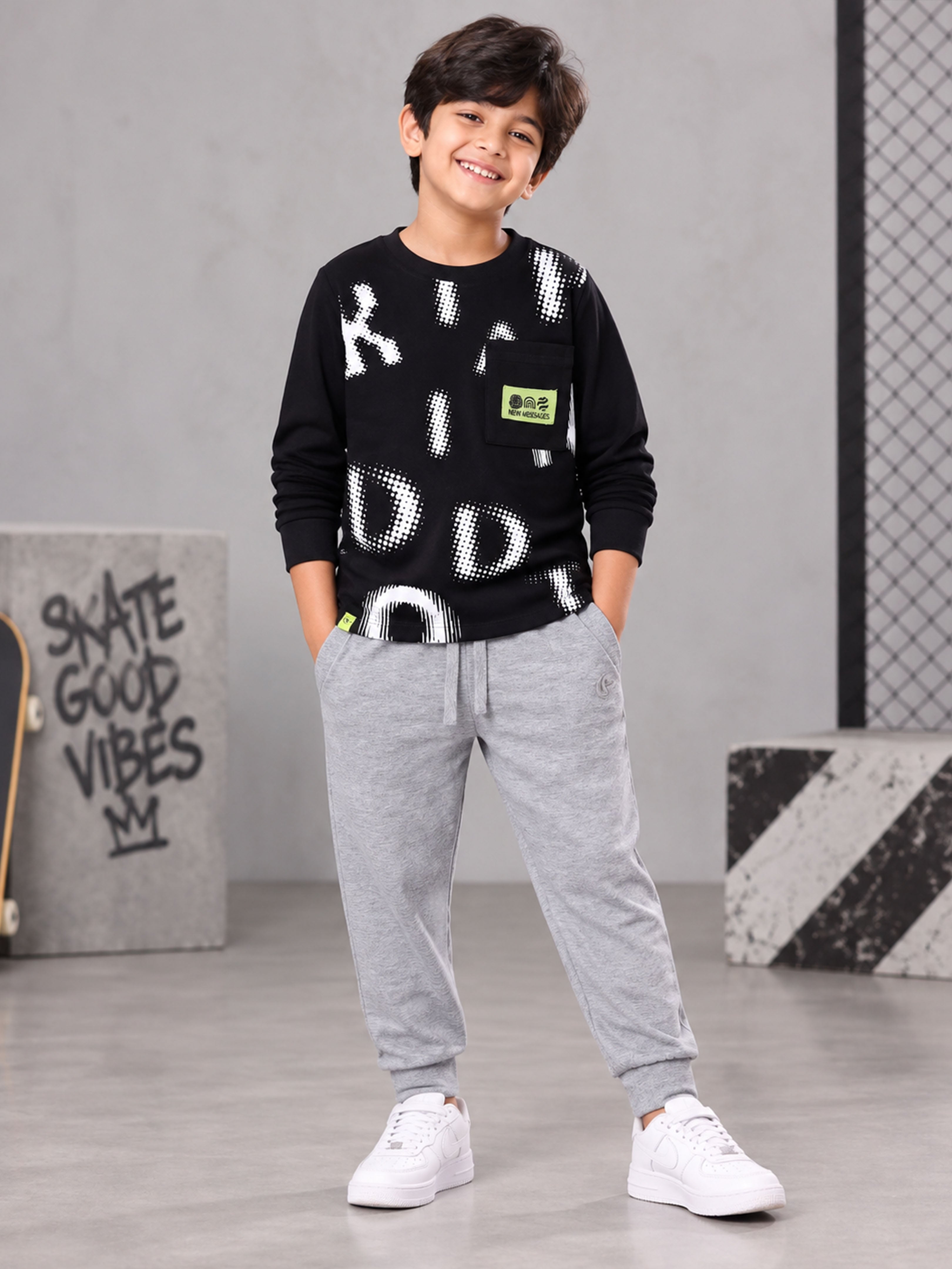 Kiddopanti Boys Cotton Printed Round Neck Full Sleeve Tee With Solid Track Pant Co-Ords Set
