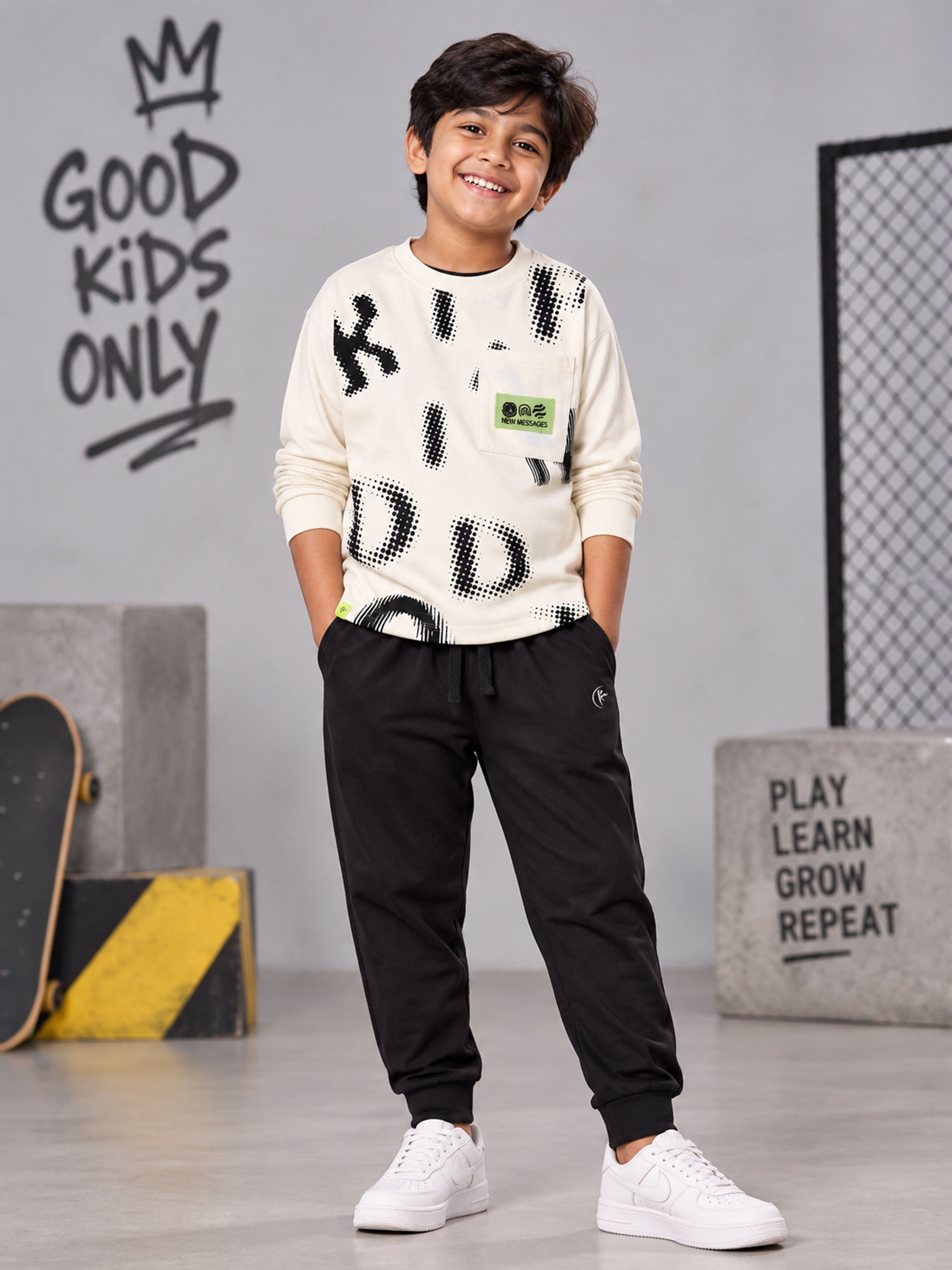 Kiddopanti Boys Cotton Printed Round Neck Full Sleeve Tee With Solid Track Pant Co-Ords Set