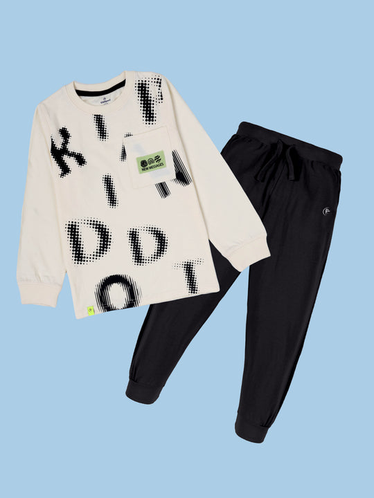Kiddopanti Boys Cotton Printed Round Neck Full Sleeve Tee With Solid Track Pant Co-Ords Set