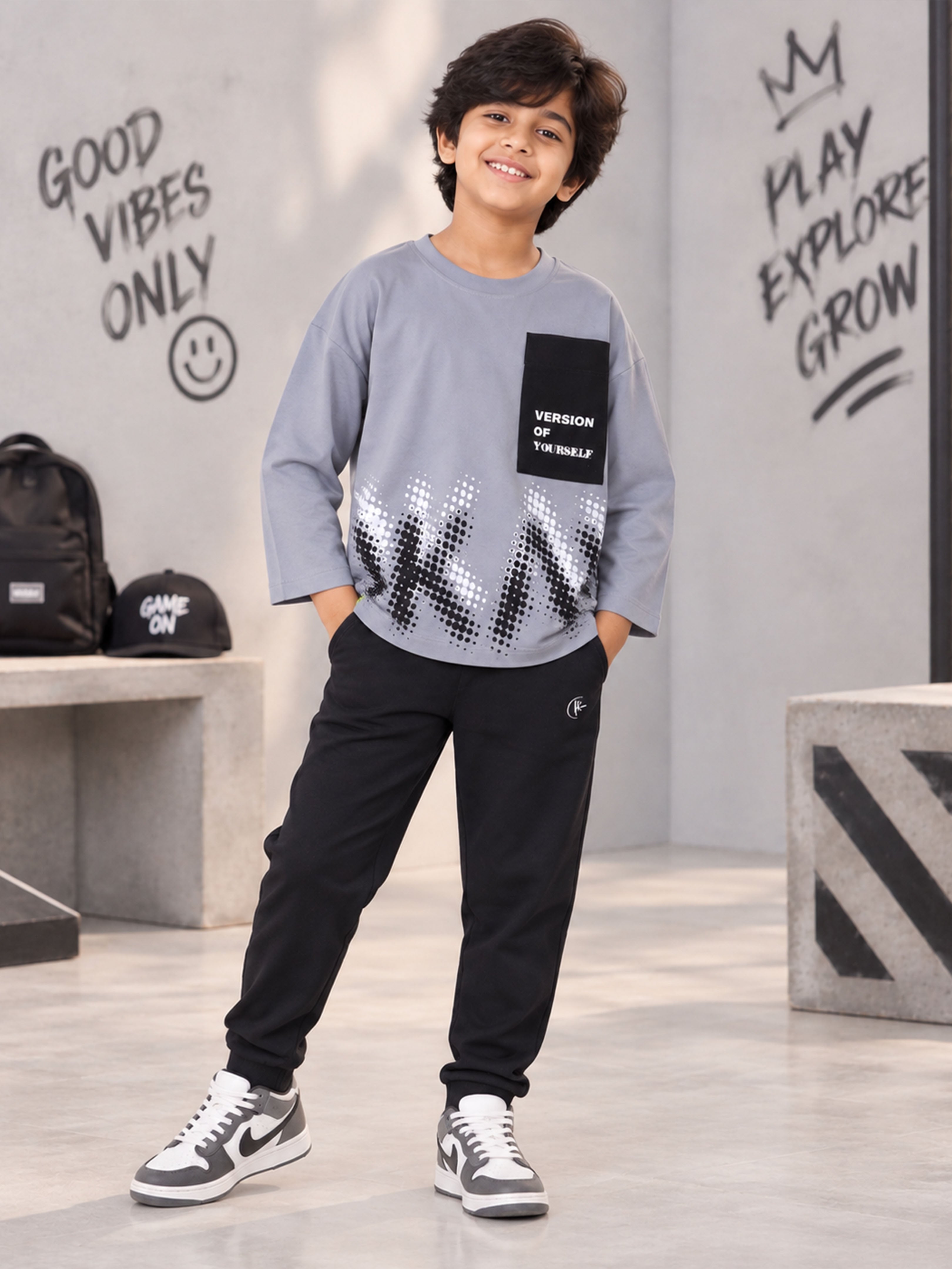 Kiddopanti Boys Cotton Printed Drop Shoulder Round Neck Full Sleeve Tee With Track Pant Co-Ords Set