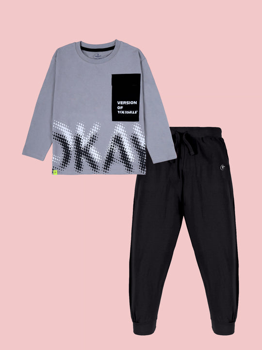 Kiddopanti Boys Cotton Printed Drop Shoulder Round Neck Full Sleeve Tee With Track Pant Co-Ords Set