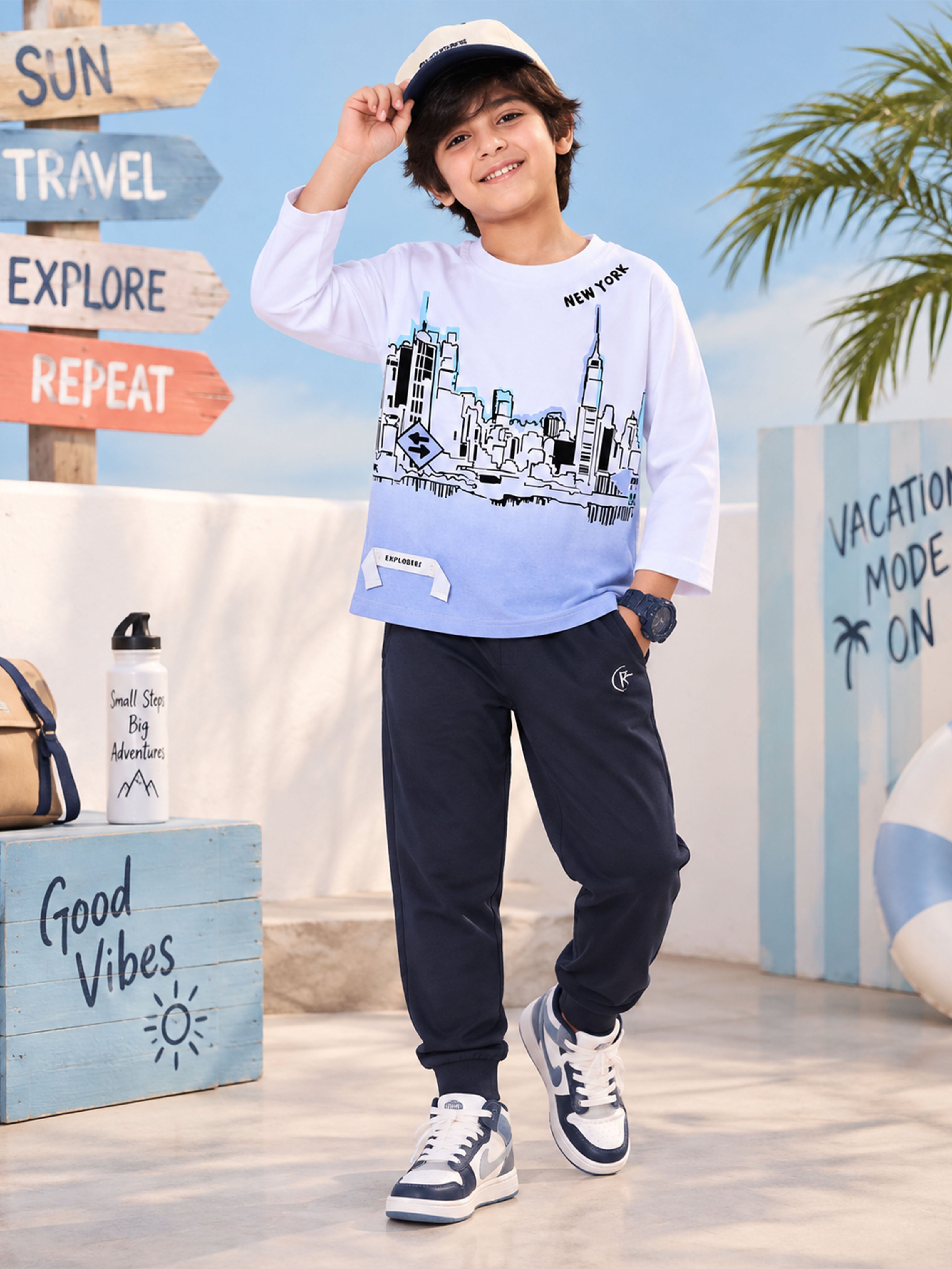 Kiddopanti Boys Cotton Printed Full Sleeve Round Neck Tee With Track Pant Co-Ords Set