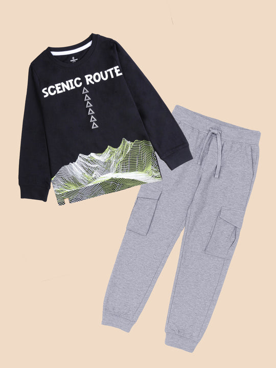 Kiddopanti Boys Cotton Printed Round Neck Full Sleeve Tee With Track Pant  Co-Ords Set