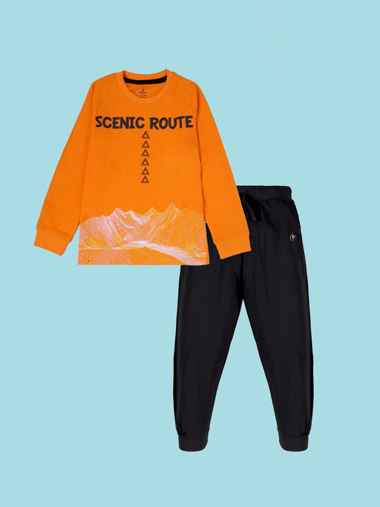 Kiddopanti Boys Cotton Printed Round Neck Full Sleeve Tee With Track Pant  Co-Ords Set