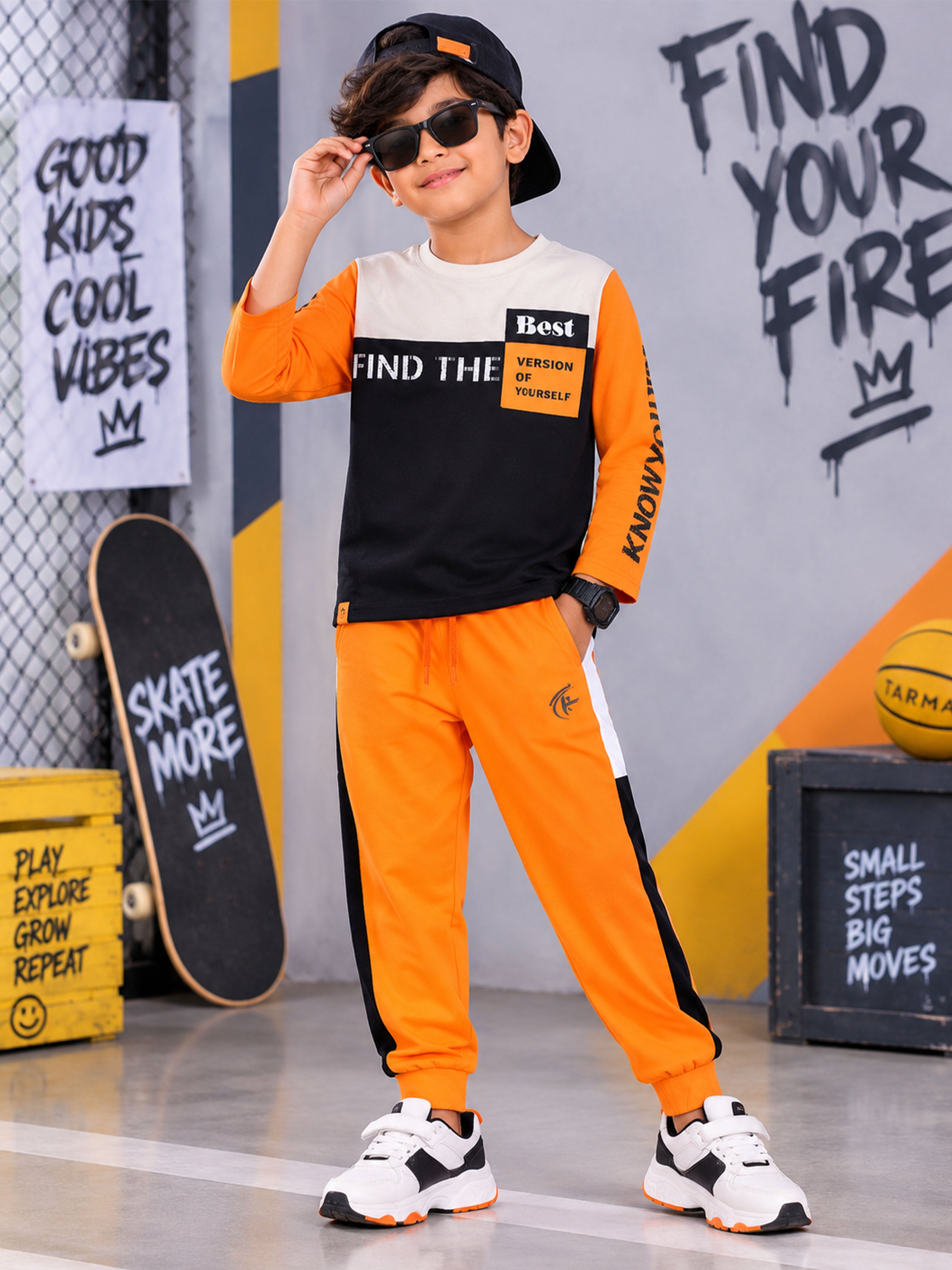 Kiddopanti Boys Cotton Printed Round Neck Sweatshirt  With Cut & Sew Track Pants Co-Ords Set