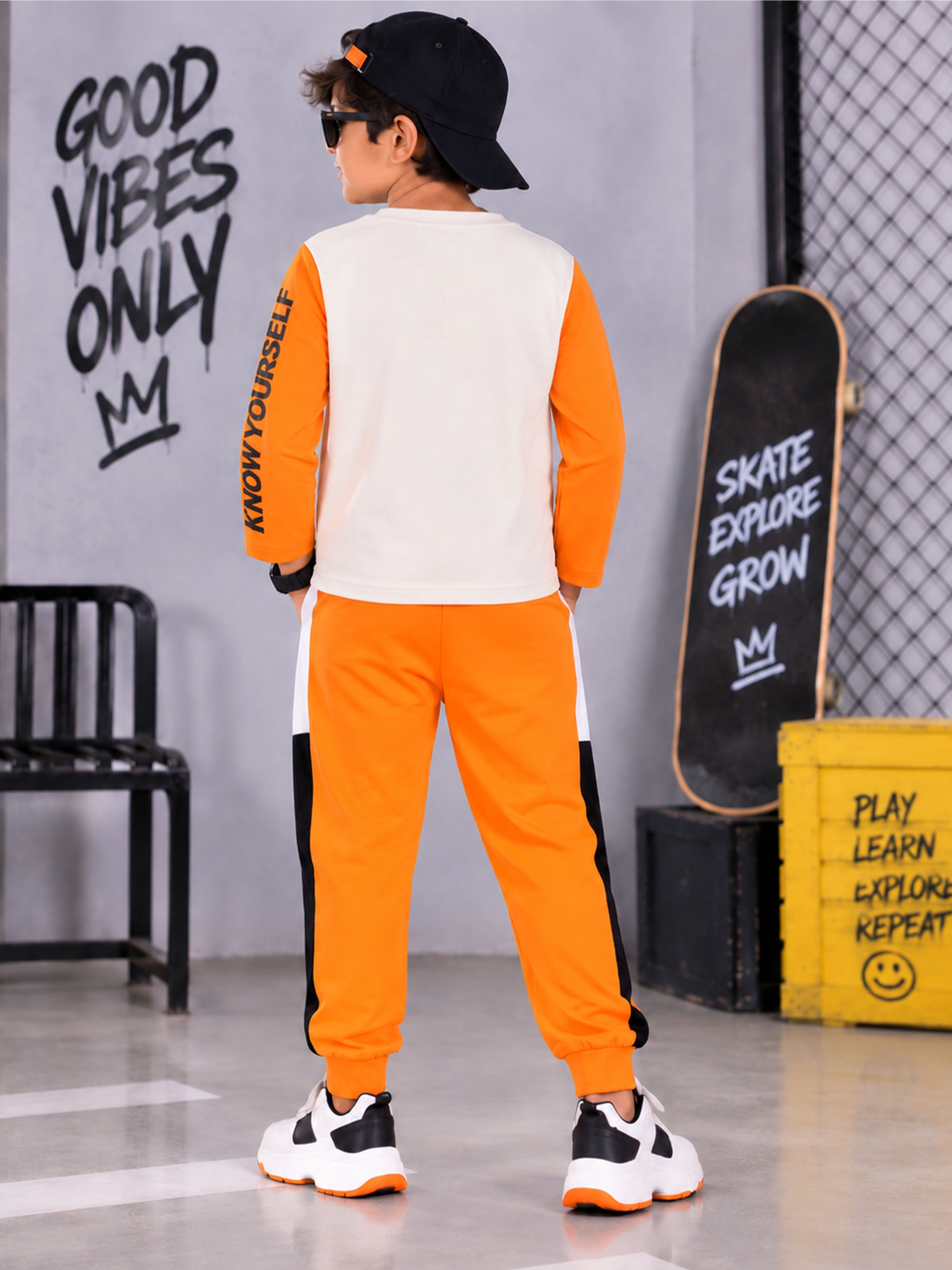 Kiddopanti Boys Cotton Printed Round Neck Sweatshirt  With Cut & Sew Track Pants Co-Ords Set