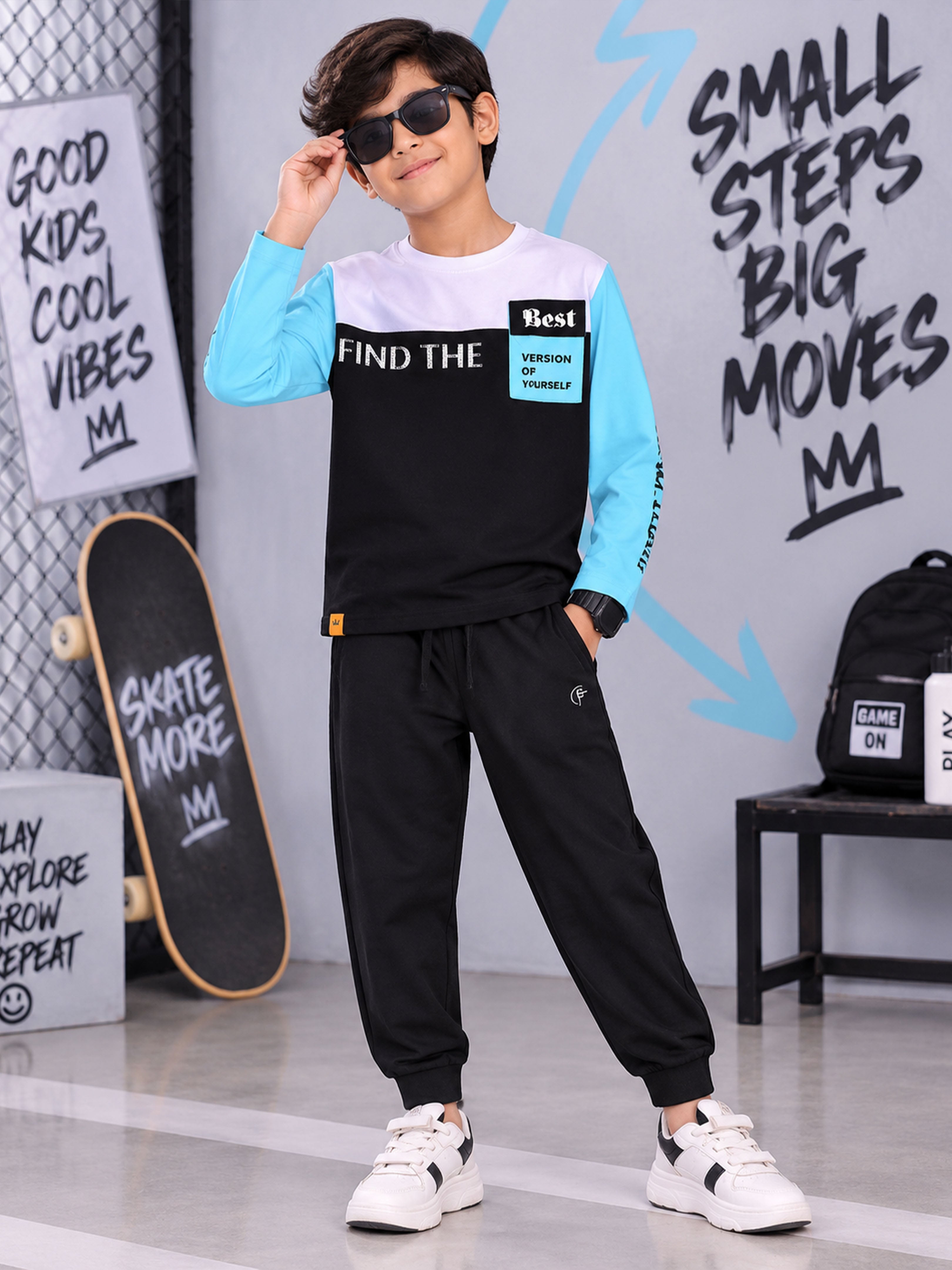 Kiddopanti Boys Cotton Printed Round Neck Full Sleeve T-Shirt With Track Pant Co-Ords Set