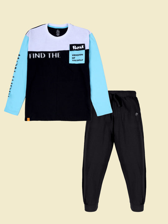Kiddopanti Boys Cotton Printed Round Neck Full Sleeve Tee With Track Pant Co-Ords Set