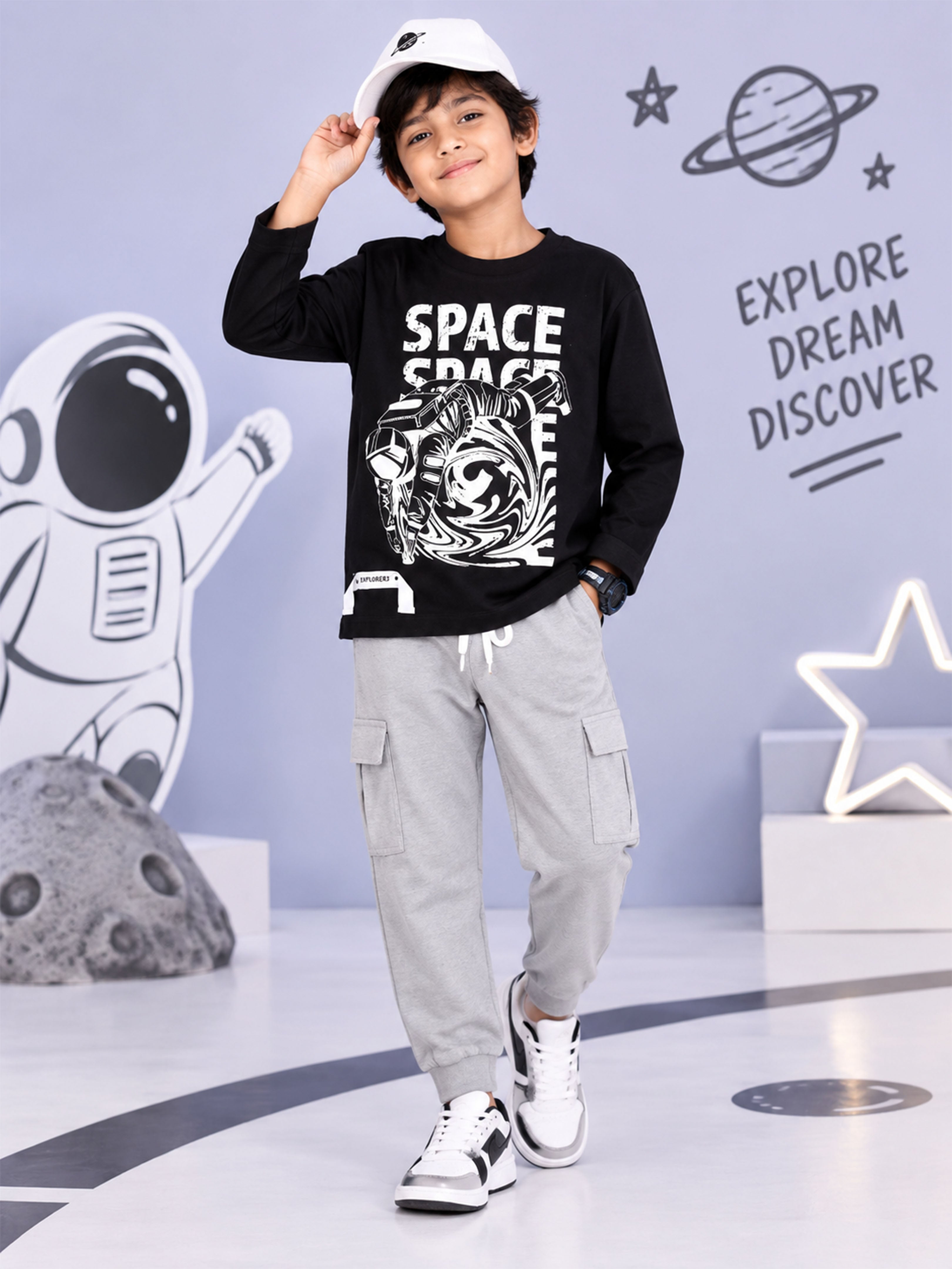 Kiddopanti Boys Cotton Printed Full Sleeve Round Neck Tee with Cargo Track Pant Co-Ords Set