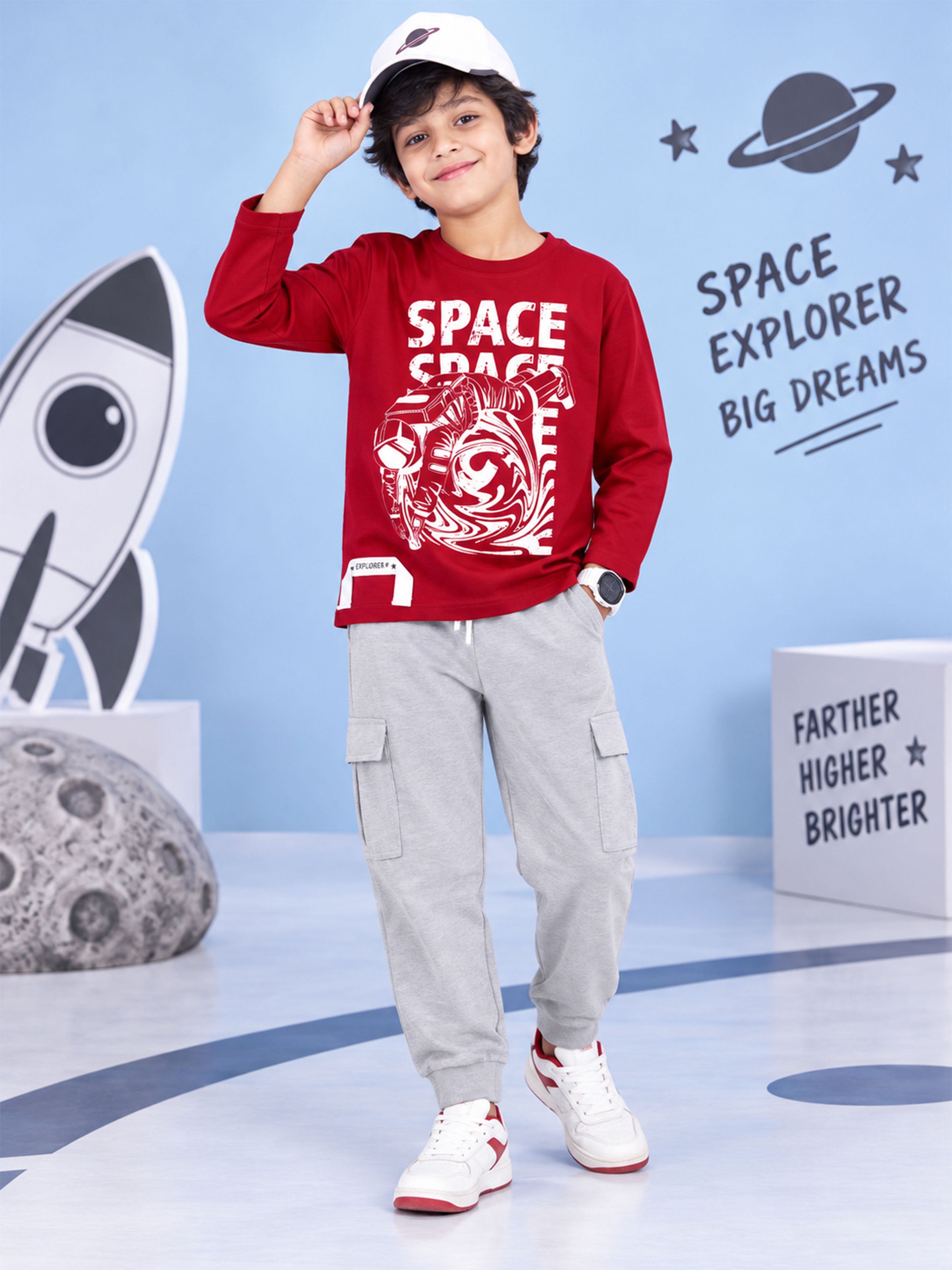 Kiddopanti Boys Cotton Printed Full Sleeve Round Neck Tee with Cargo Track Pant Co-Ords Set