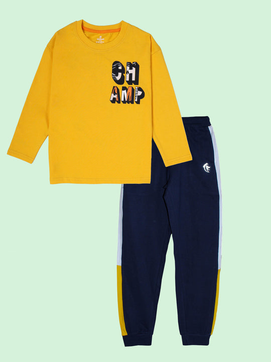 Kiddopanti Boys Cotton Printed Round Neck Full Sleeve Tee with Cut & Sew Track Pant Co-Ords Set