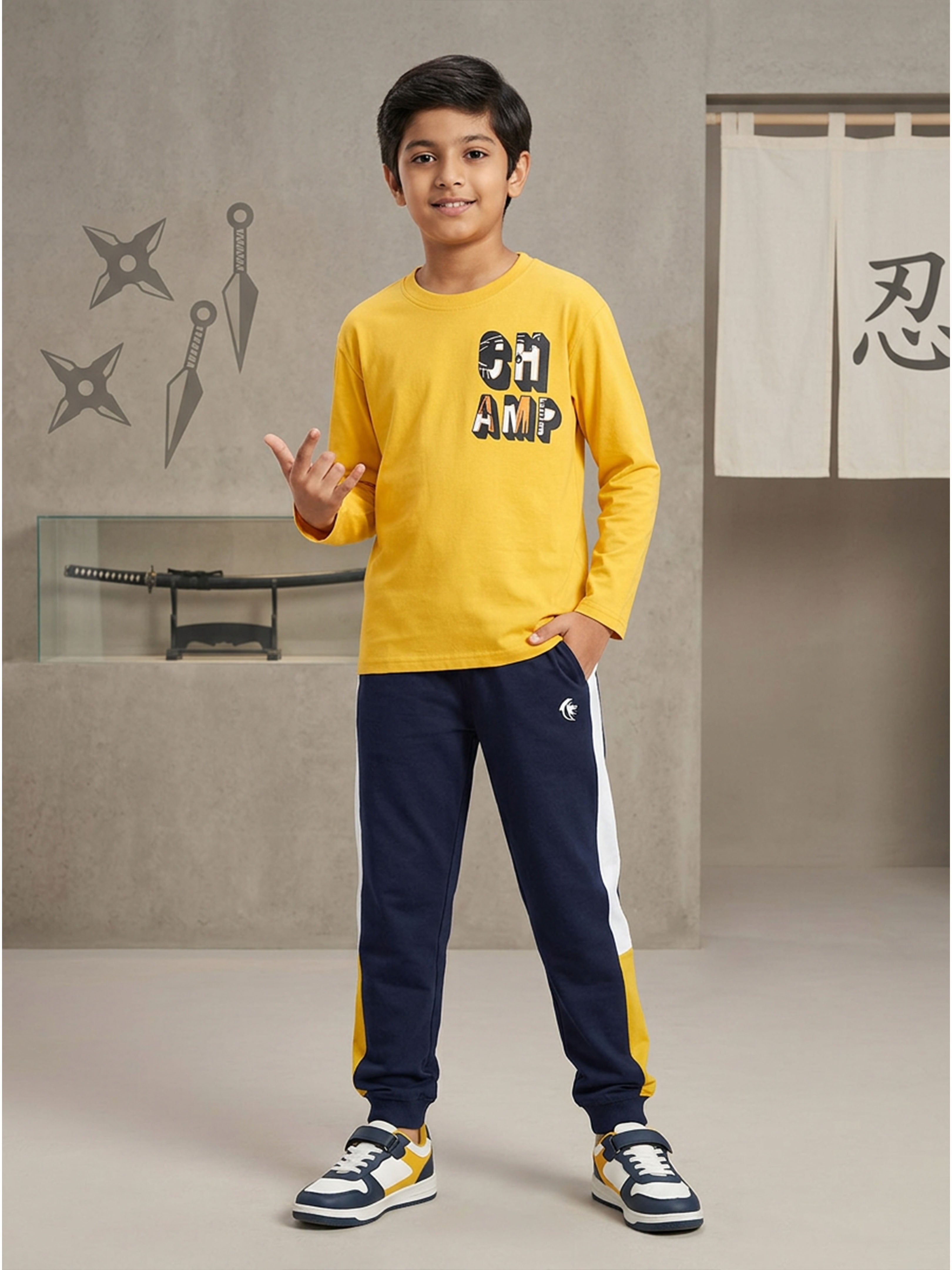 Kiddopanti Boys Cotton Printed Round Neck Full Sleeve Tee with Cut & Sew Track Pant Co-Ords Set