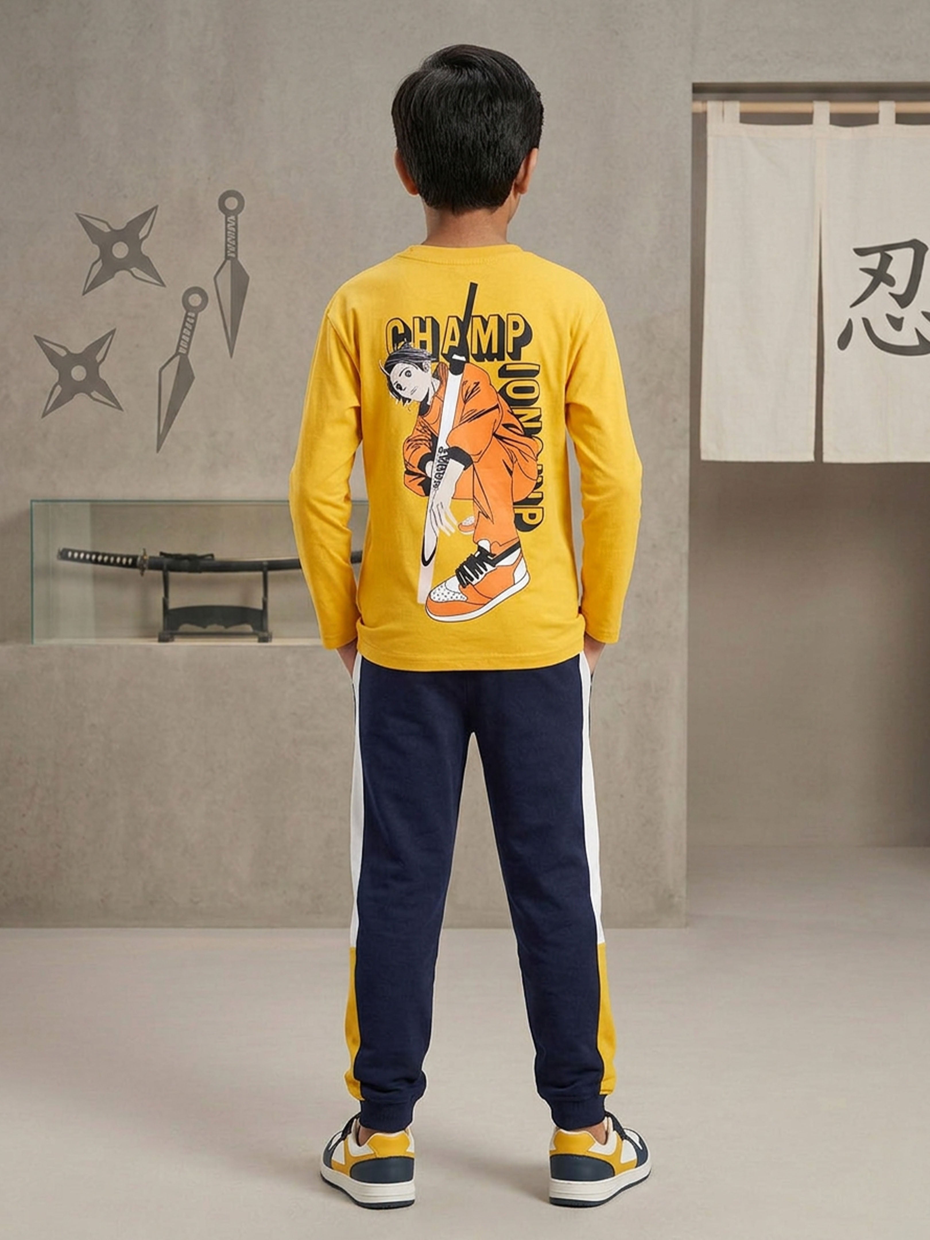 Kiddopanti Boys Cotton Printed Round Neck Full Sleeve Tee with Cut & Sew Track Pant Co-Ords Set
