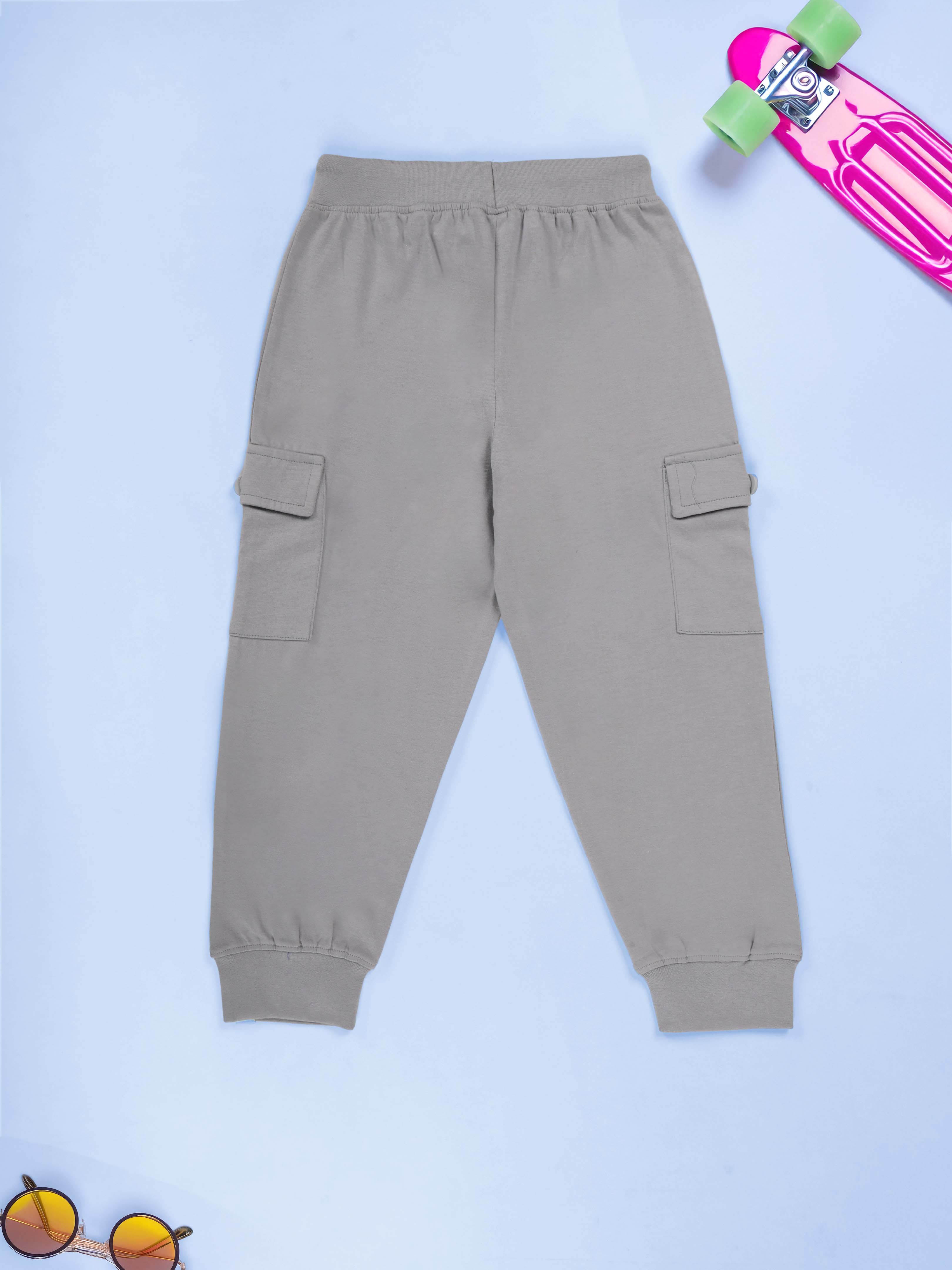 Kiddopanti Boys Tiger Roar Printed Full Sleeve Round Neck Tee & Knit Cargo Jogger Pants Coorde Set