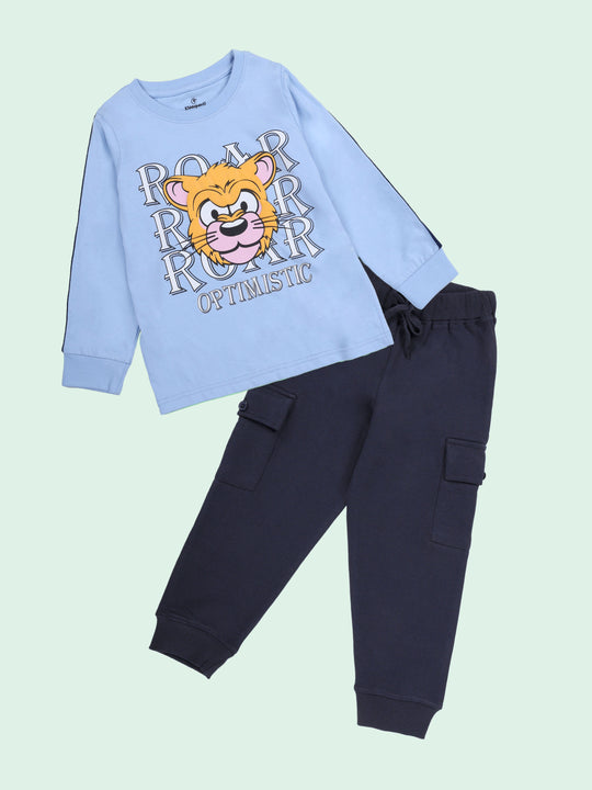 Kiddopanti Boys Tiger Roar Printed Full Sleeve Round Neck Tee & Knit Cargo Jogger Pants Coorde Set