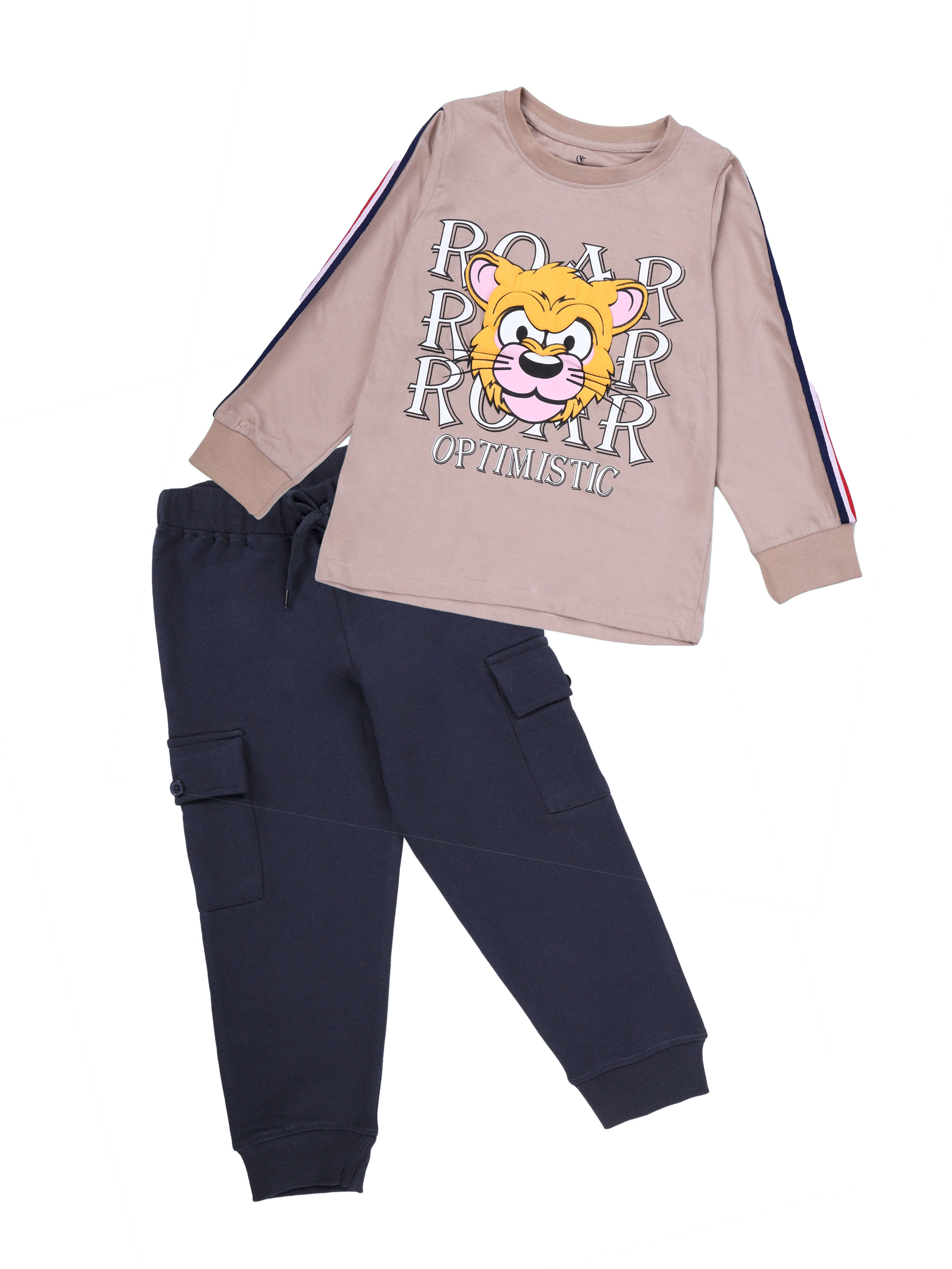 Kiddopanti Boys Tiger Roar Printed Full Sleeve Round Neck Tee & Knit Cargo Jogger Pants Coorde Set