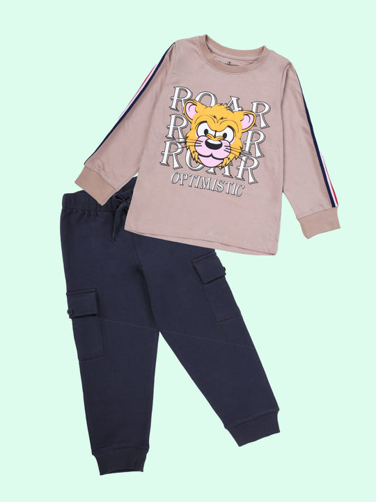 Kiddopanti Boys Tiger Roar Printed Full Sleeve Round Neck Tee & Knit Cargo Jogger Pants Coorde Set