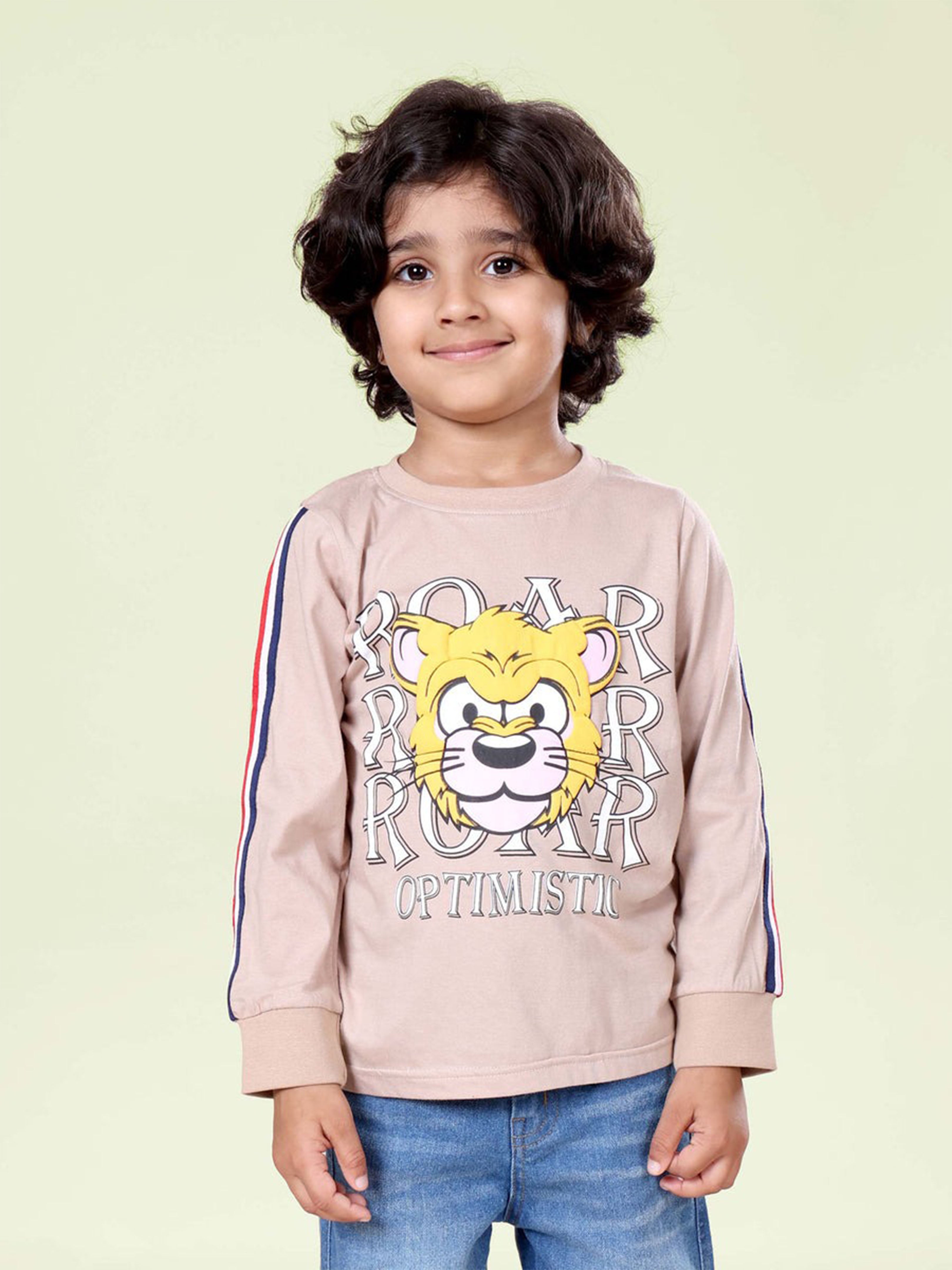 Kiddopanti Boys Tiger Roar Printed Full Sleeve Round Neck Tee & Knit Cargo Jogger Pants Coorde Set