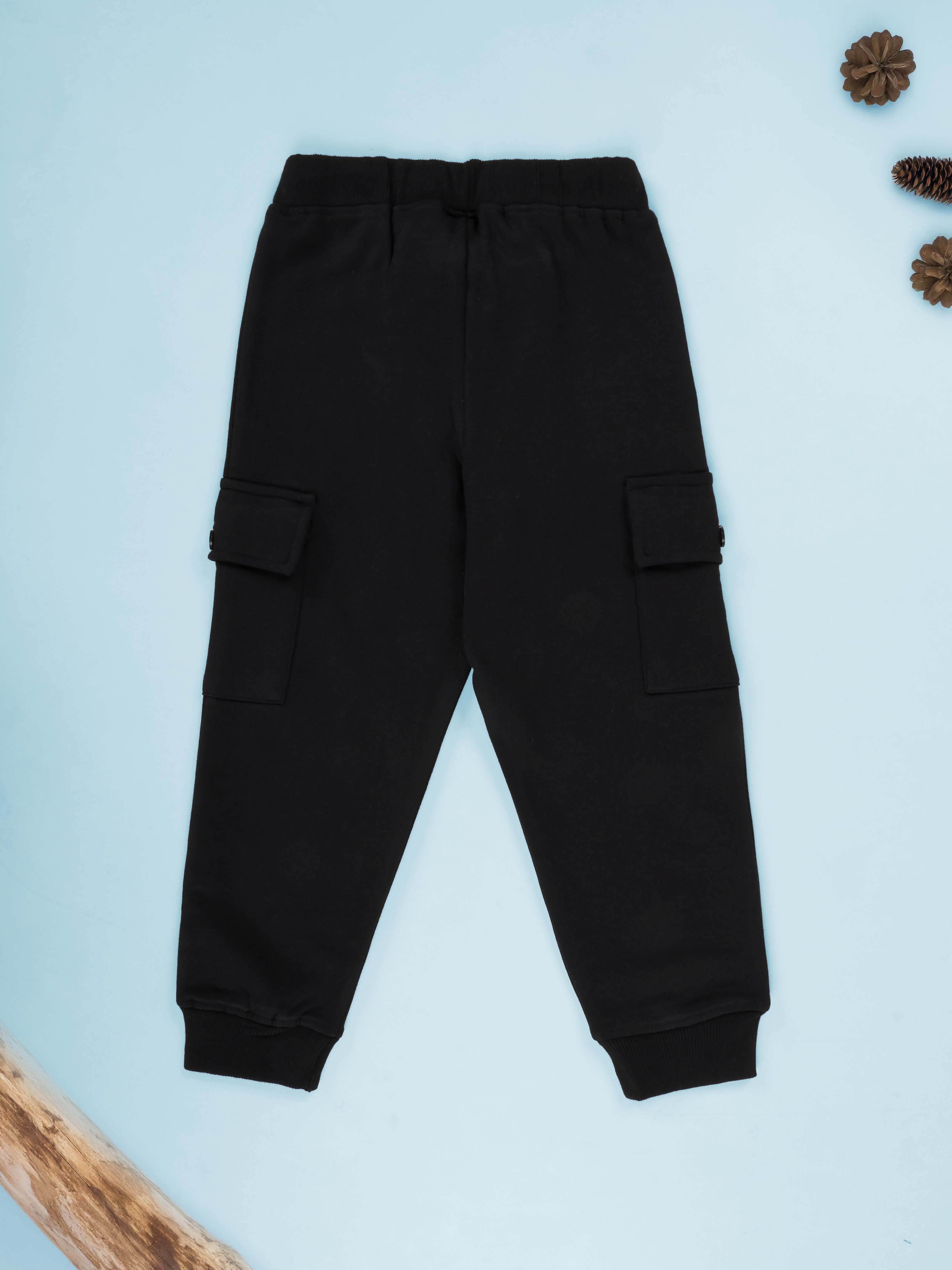 Kiddopanti Boys Tiger Roar Printed Full Sleeve Round Neck Tee & Knit Cargo Jogger Pants Coorde Set