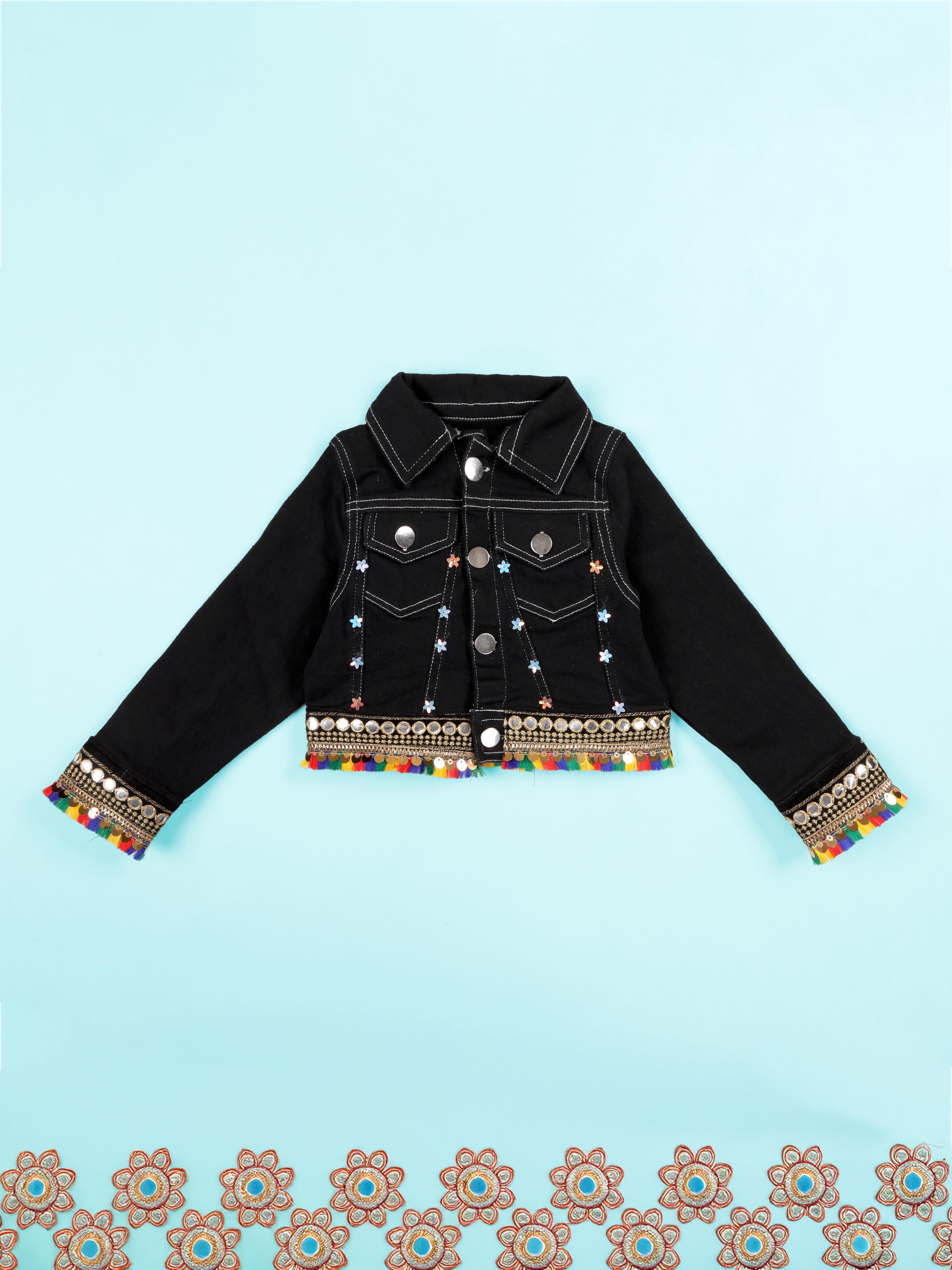 Girls Ethnic Colourful Sequin Lace Crop Denim Jacket