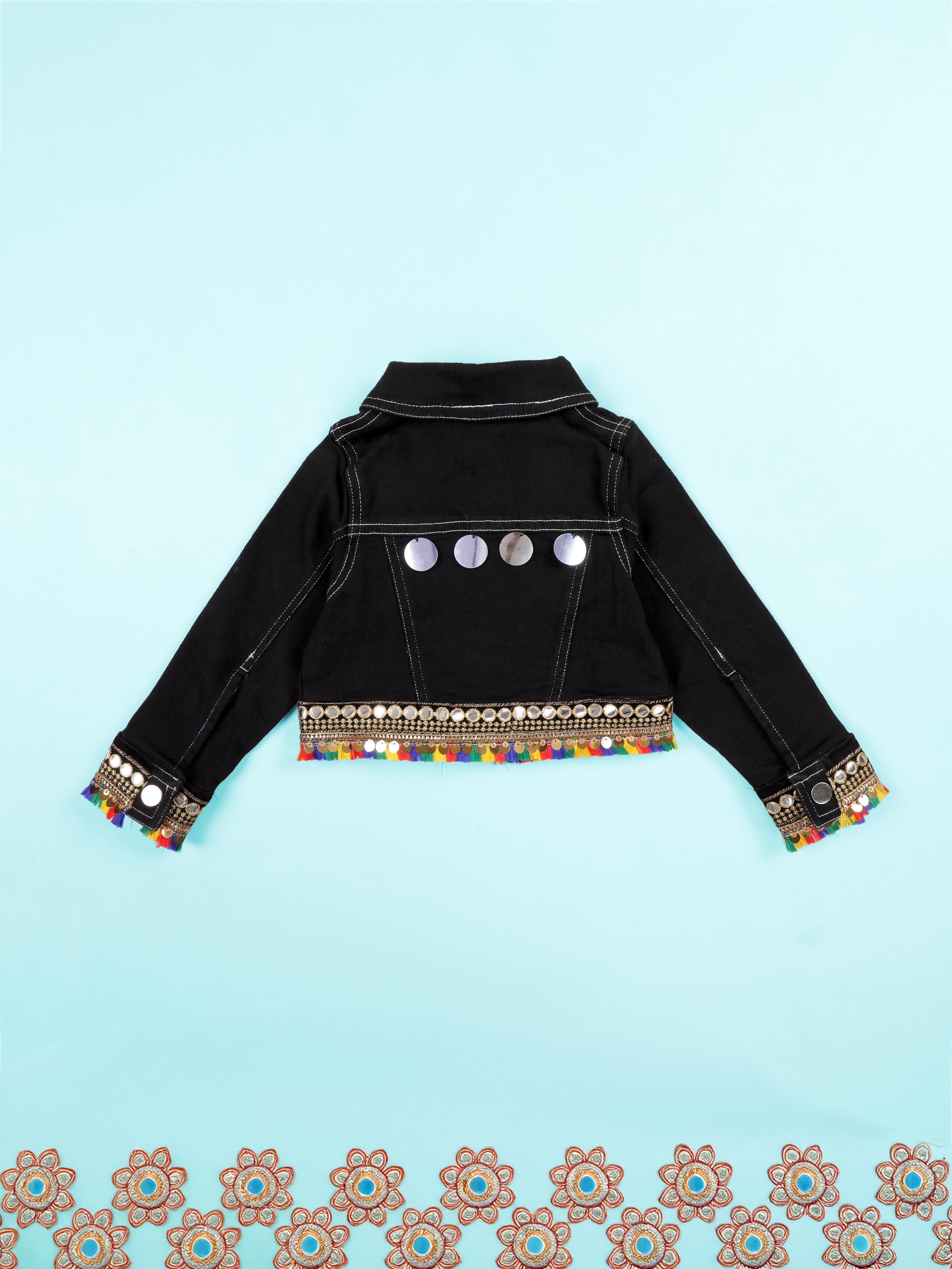 Girls Ethnic Colourful Sequin Lace Crop Denim Jacket