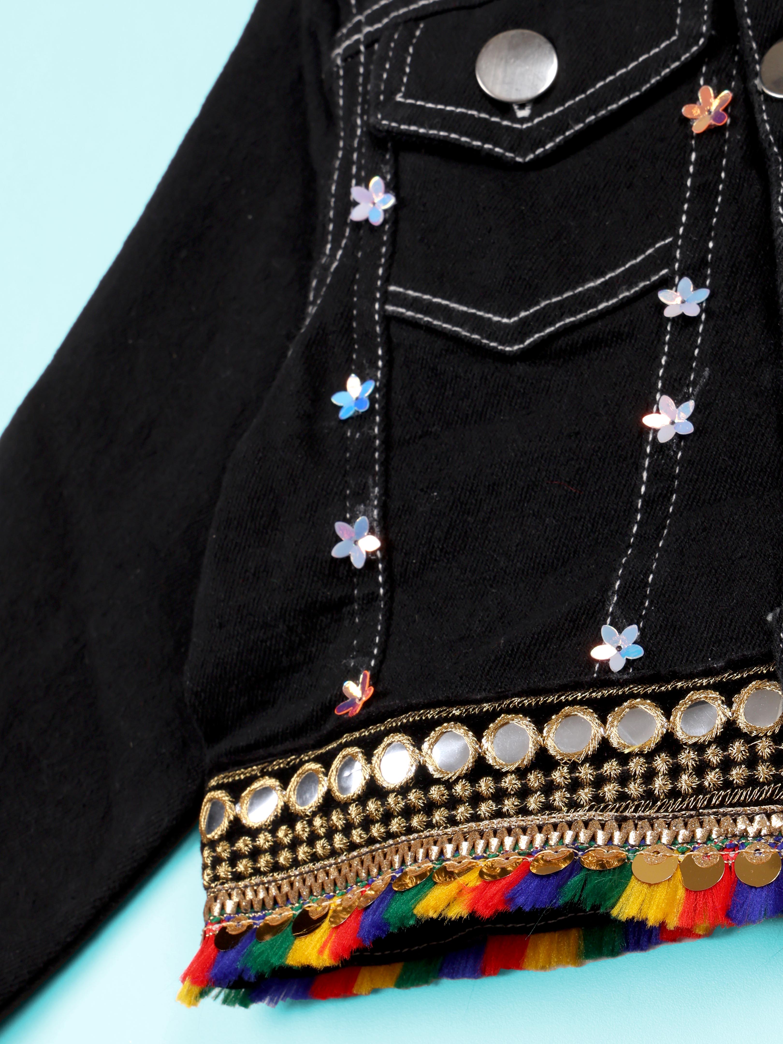 Girls Ethnic Colourful Sequin Lace Crop Denim Jacket