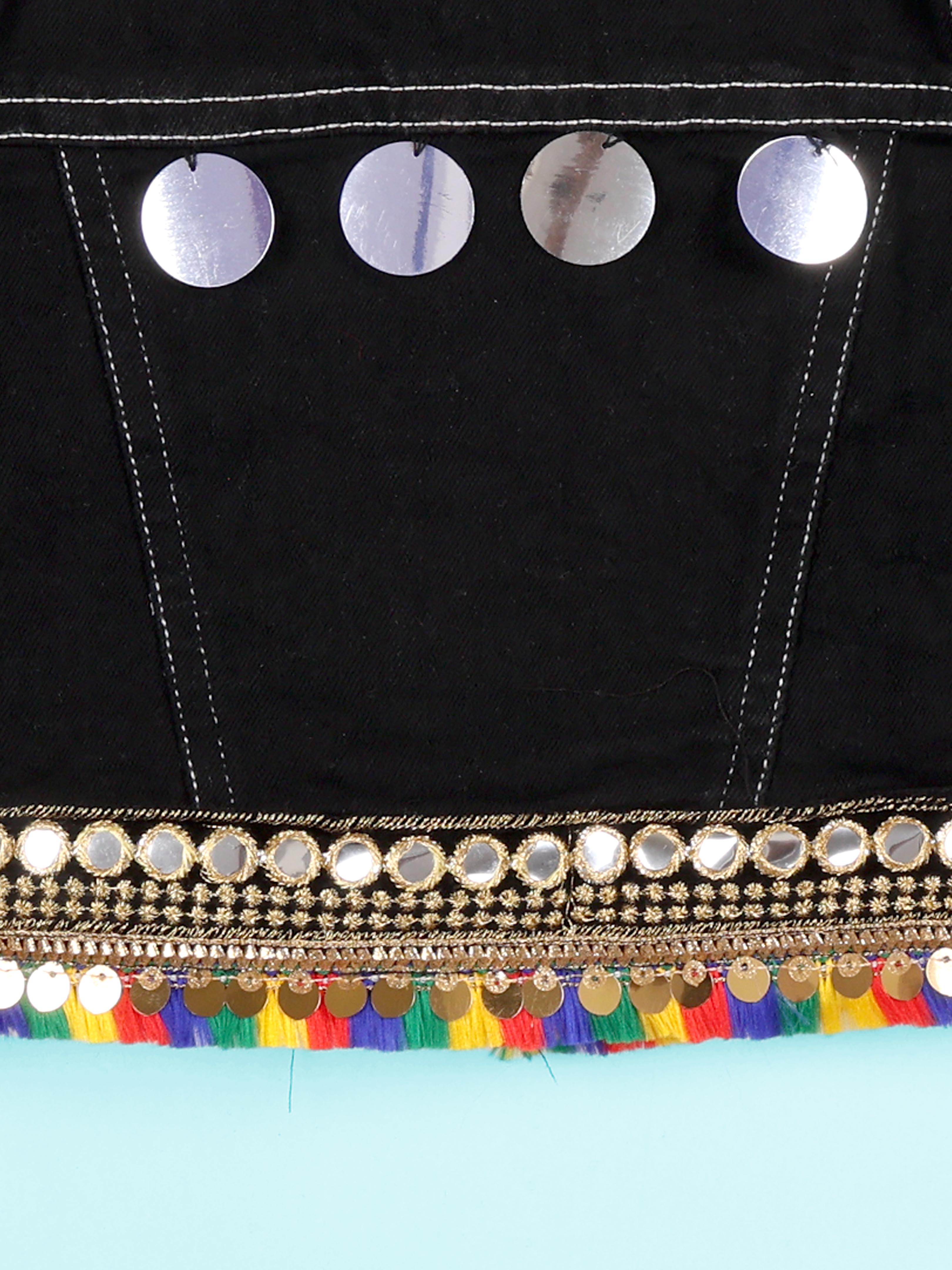 Girls Ethnic Colourful Sequin Lace Crop Denim Jacket