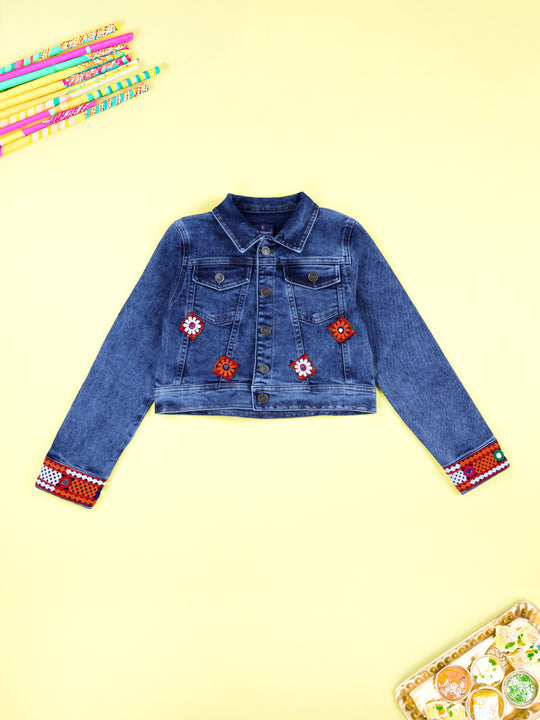 KiddoPanti Girls Ethnic Lace Full Sleeve Crop Length Denim Jacket