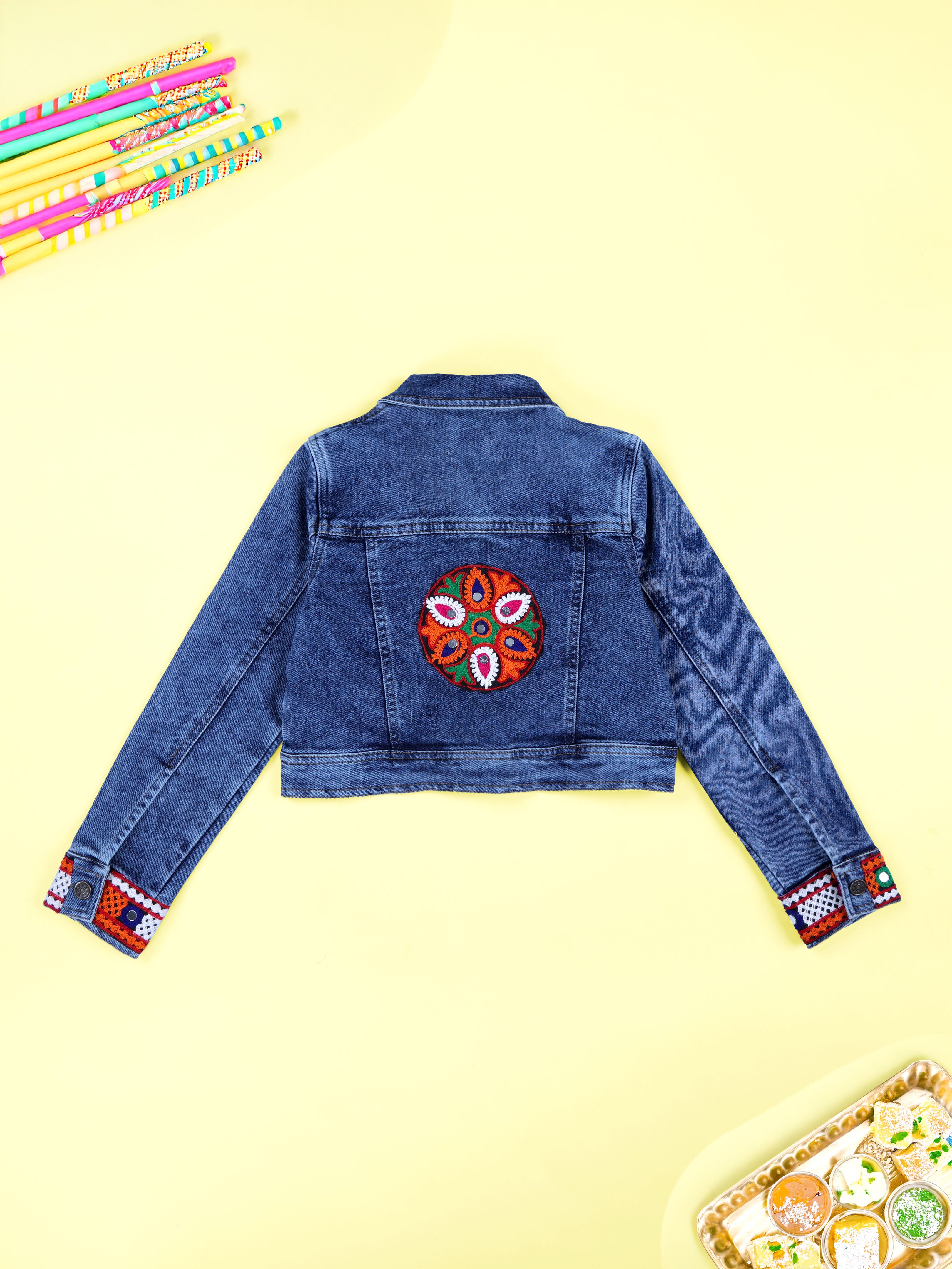 KiddoPanti Girls Ethnic Lace Full Sleeve Crop Length Denim Jacket