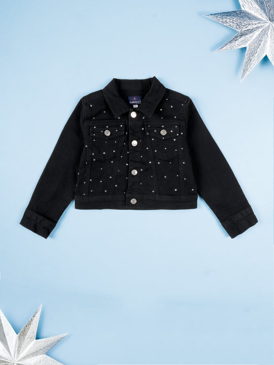 Kiddopanti Girls Denim Woven Full Sleeves Crop Jacket With Rhinestones