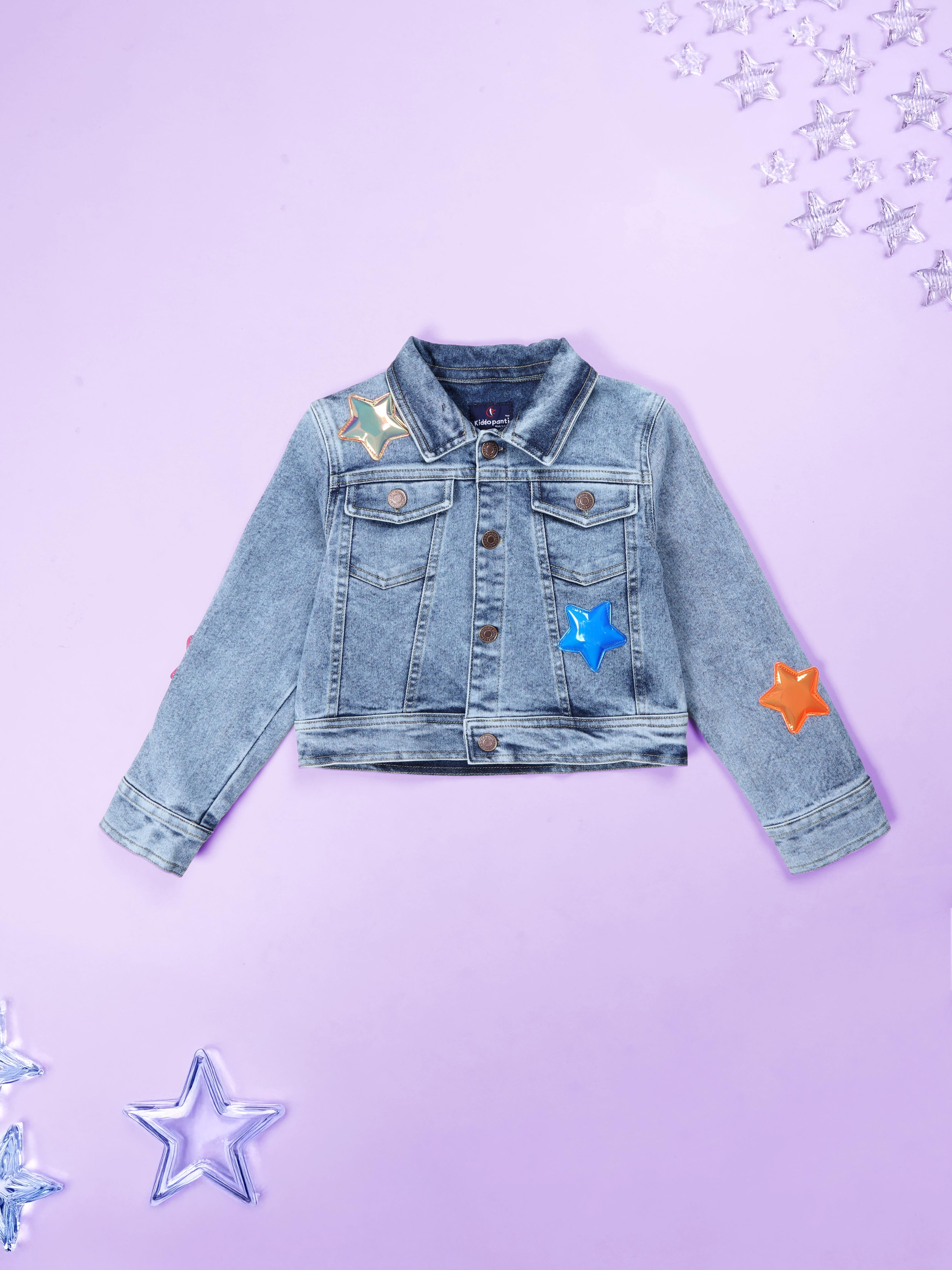 Kiddopanti Girls Full Sleeves Crop Denim Jacket With Stars Applique