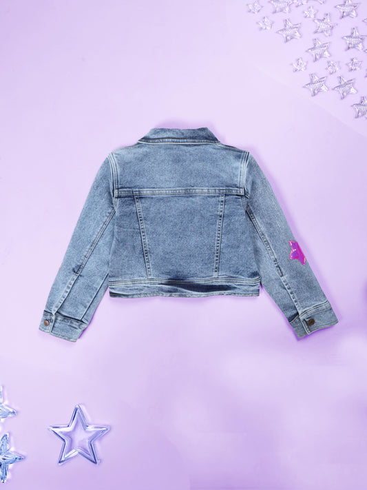 Kiddopanti Girls Full Sleeves Crop Denim Jacket With Stars Applique