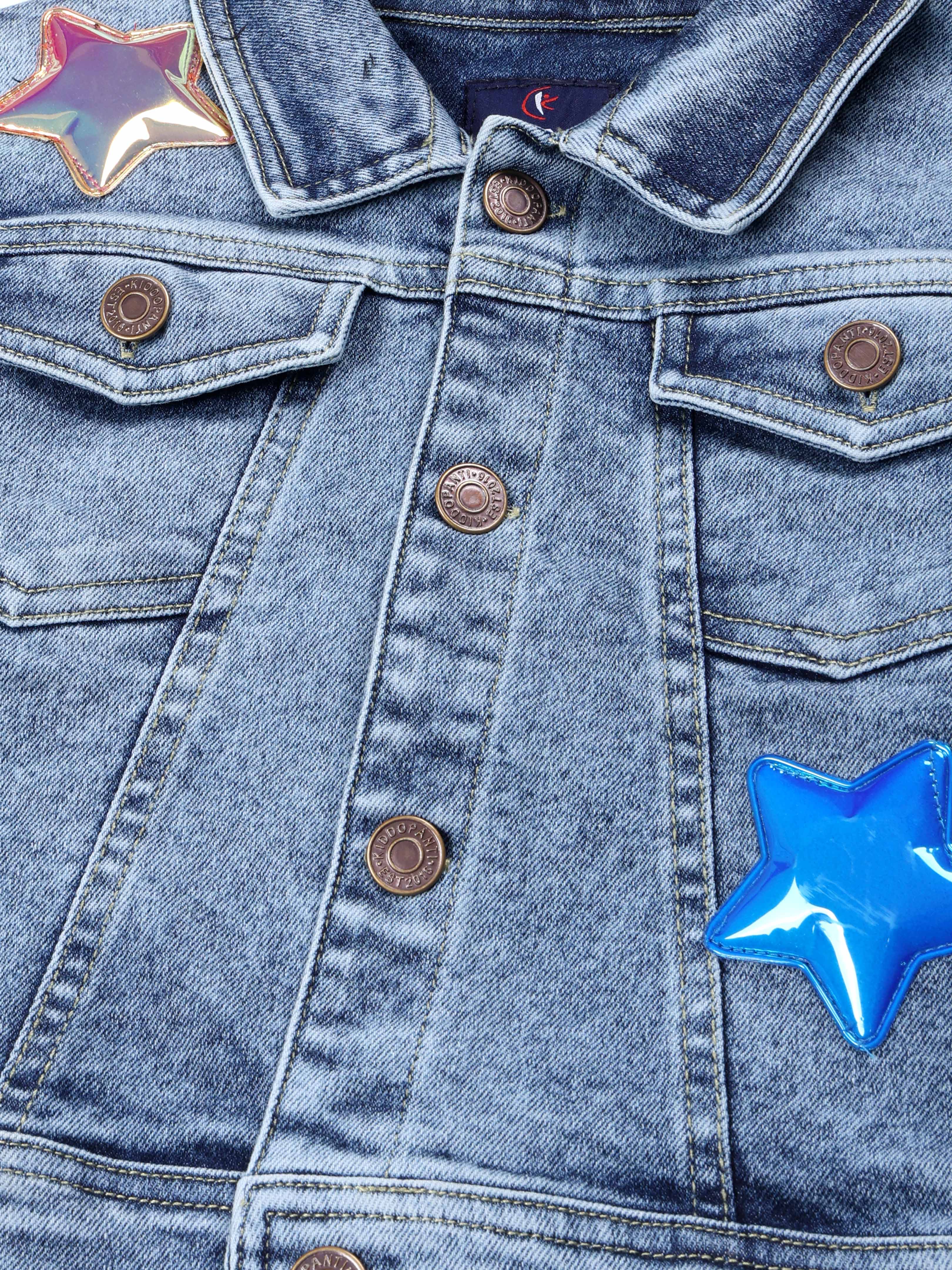 Kiddopanti Girls Full Sleeves Crop Denim Jacket With Stars Applique
