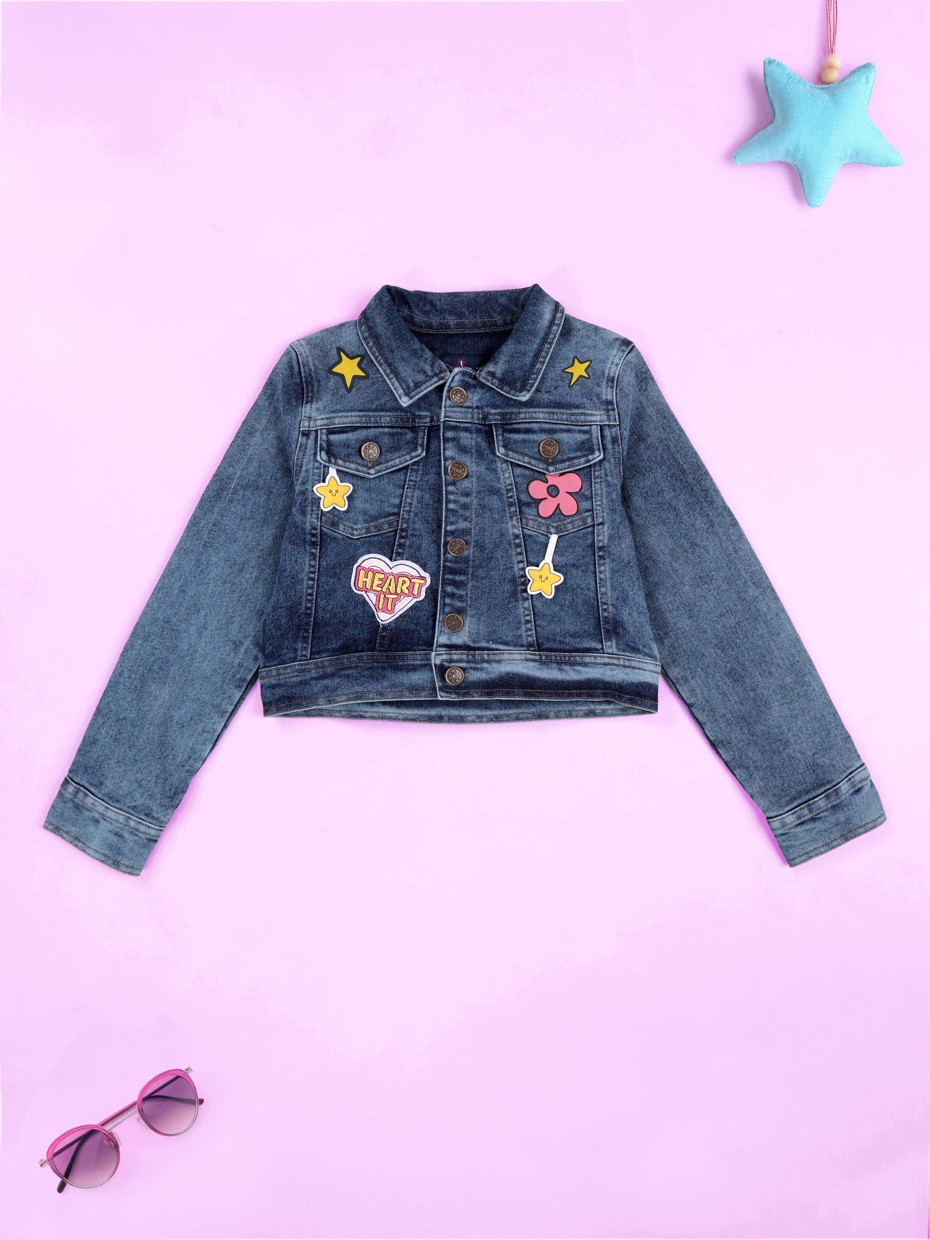 Kiddopanti Girls Crop Denim Jacket With Multi Badge