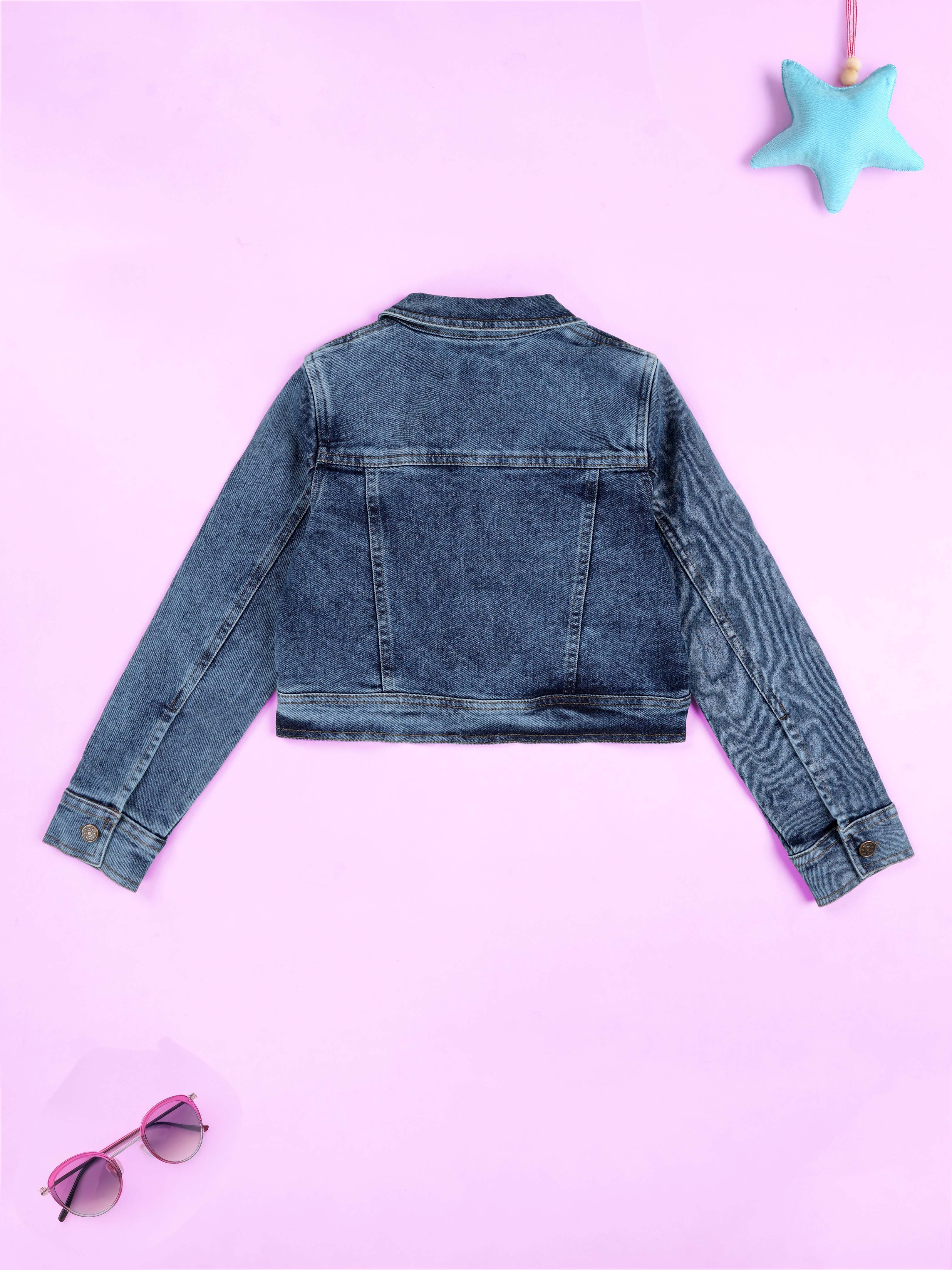 Kiddopanti Girls Crop Denim Jacket With Multi Badge